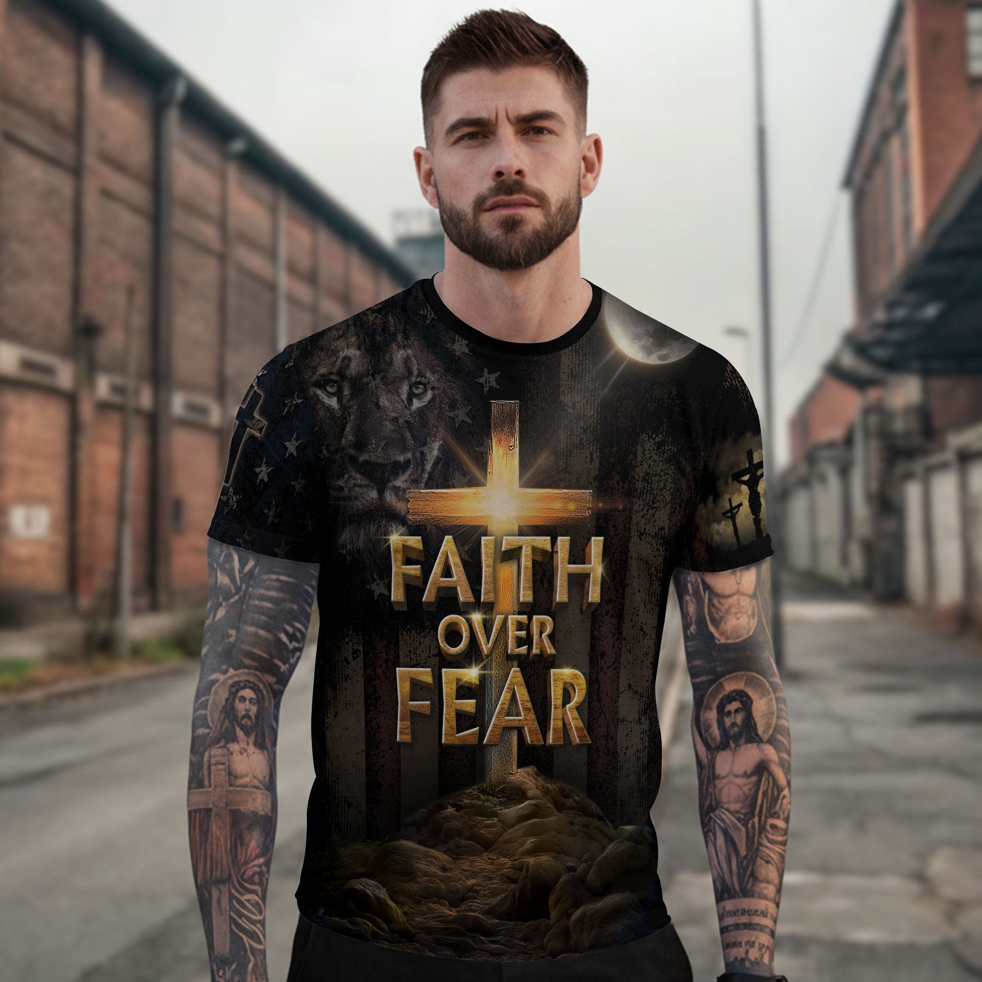 Faith Over Fear | Cross of Light & Warrior Lion Christian Shirt