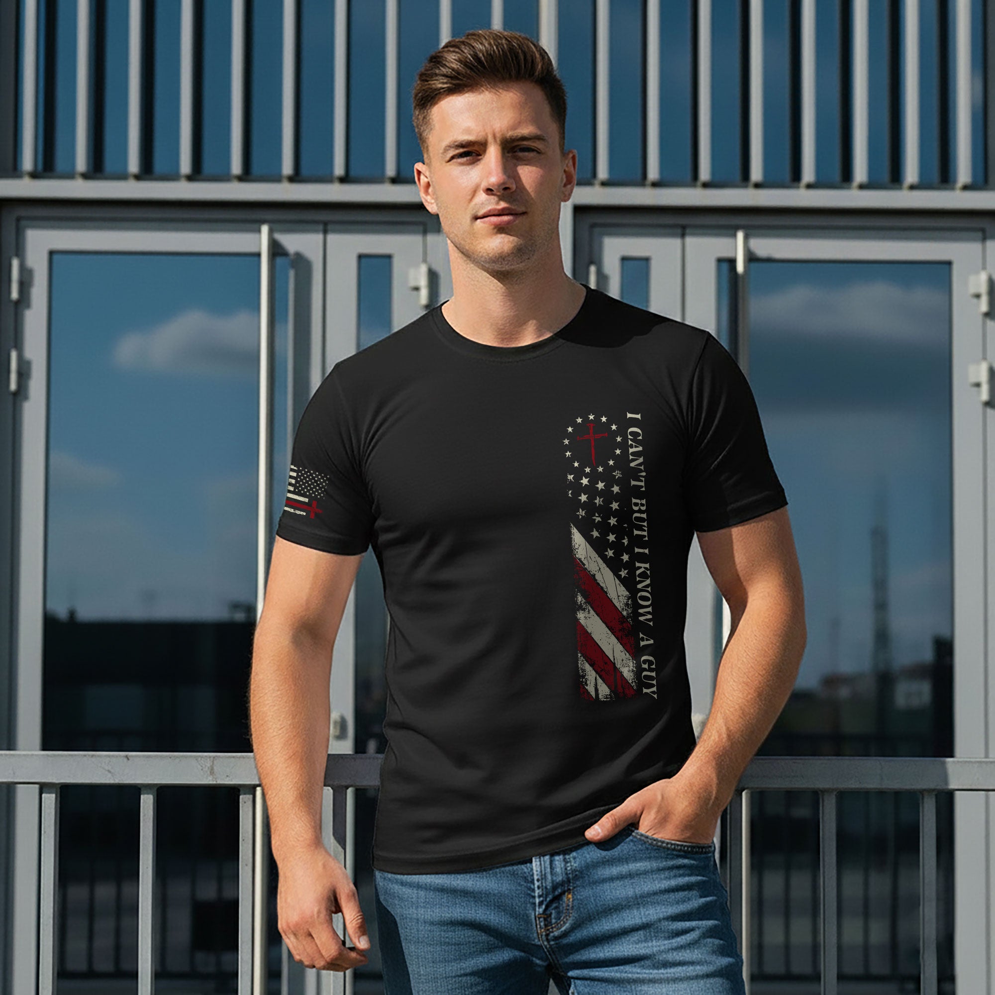 I Can’t But I Know a Guy | Christian Cross & American Flag Tee