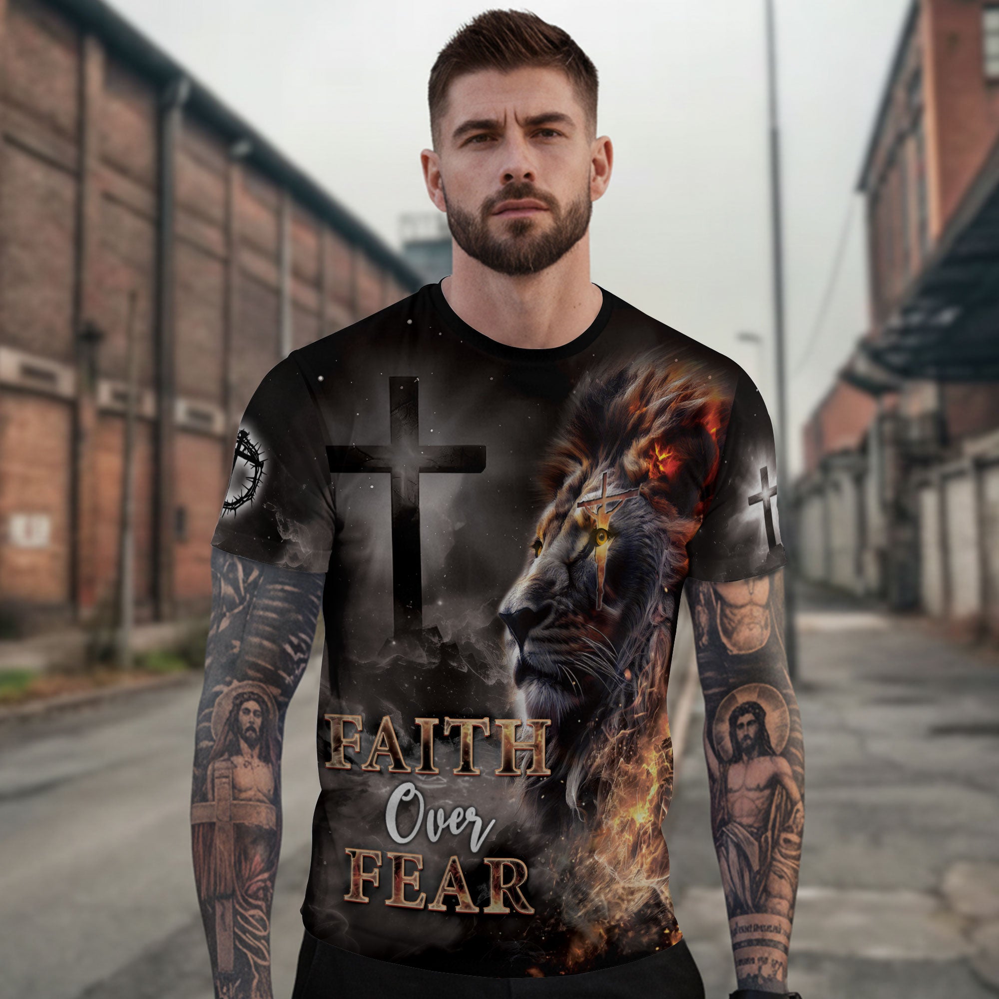Faith Over Fear T-Shirt – Lion and Cross Full Print Design