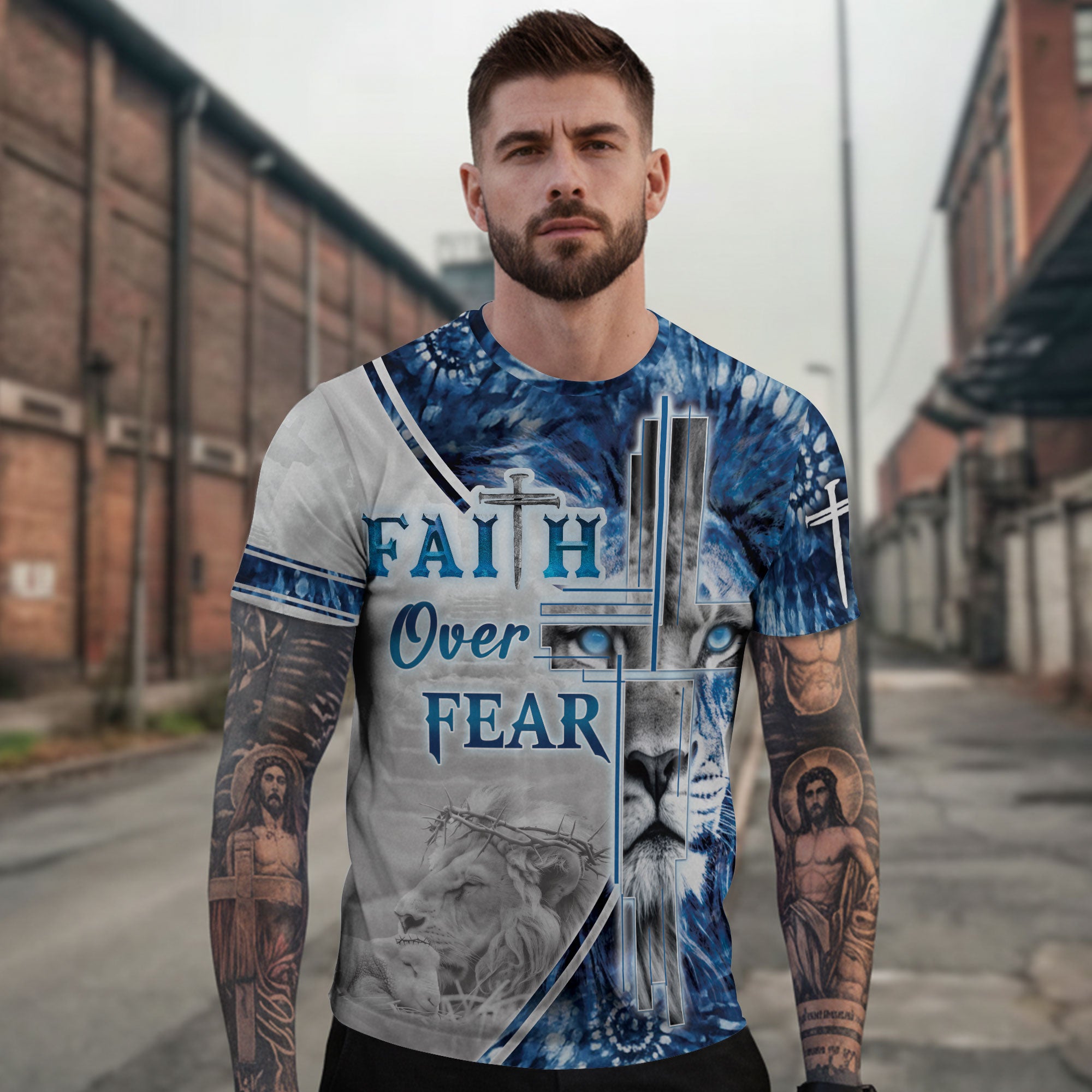 Faith Over Fear & Jesus Lion Cross T-Shirt – Christian Courage in Blue