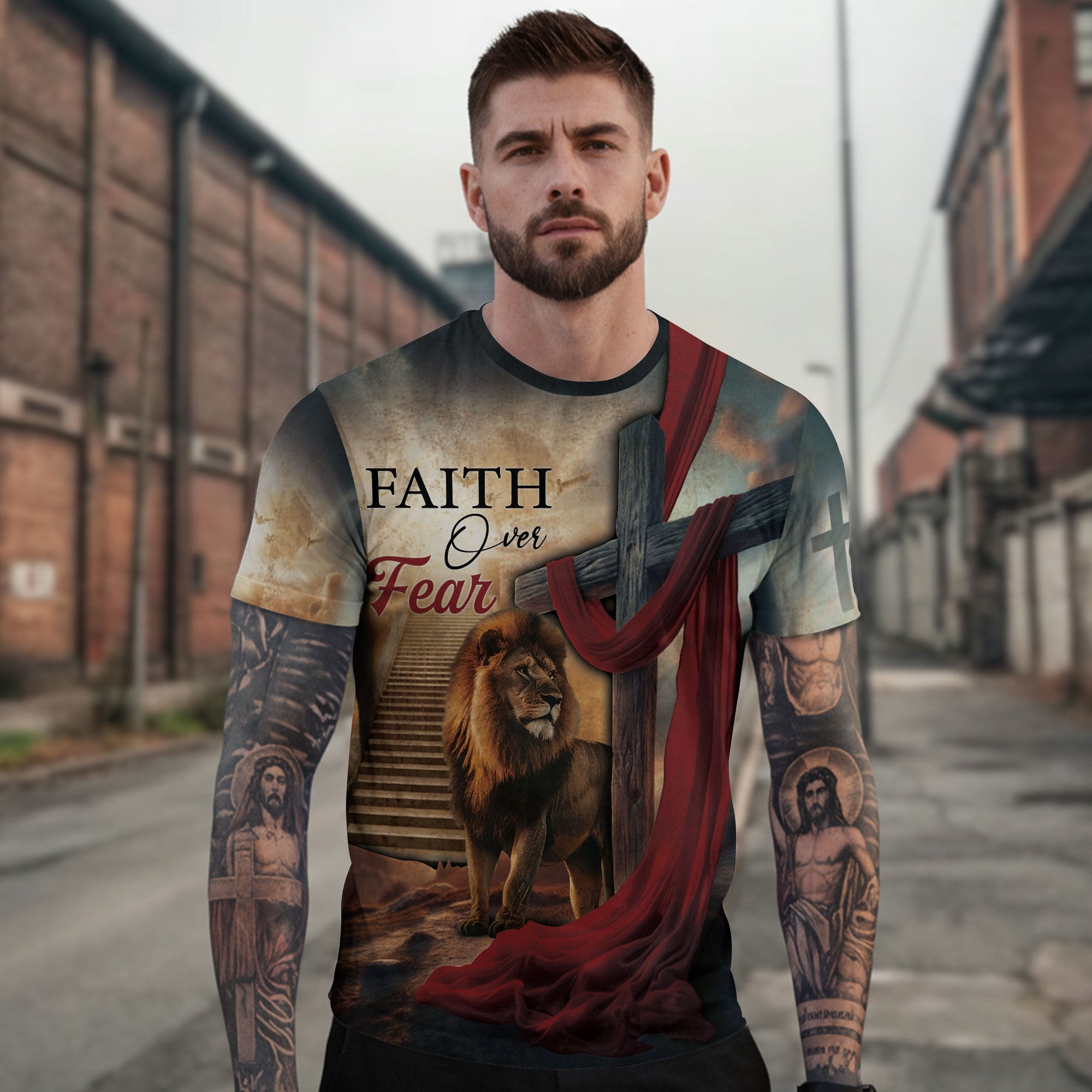 Faith Over Fear with Cross and Lion Draped in Red Robe – Christian T-Shirt