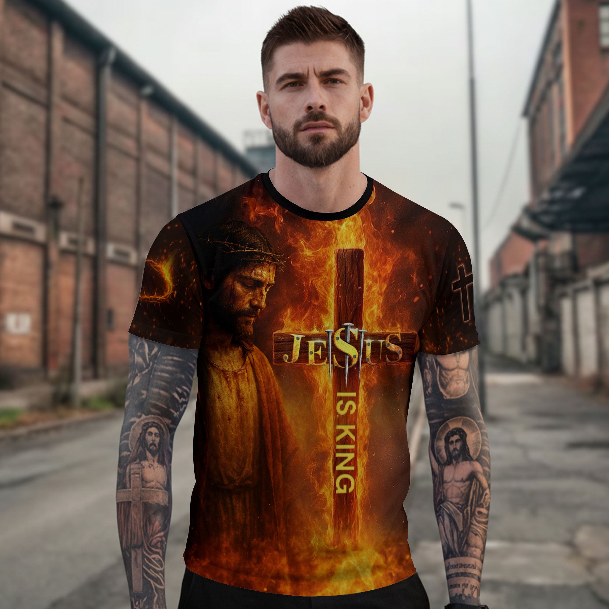 Jesus Is King Cross and Lion Fire Art T-Shirt