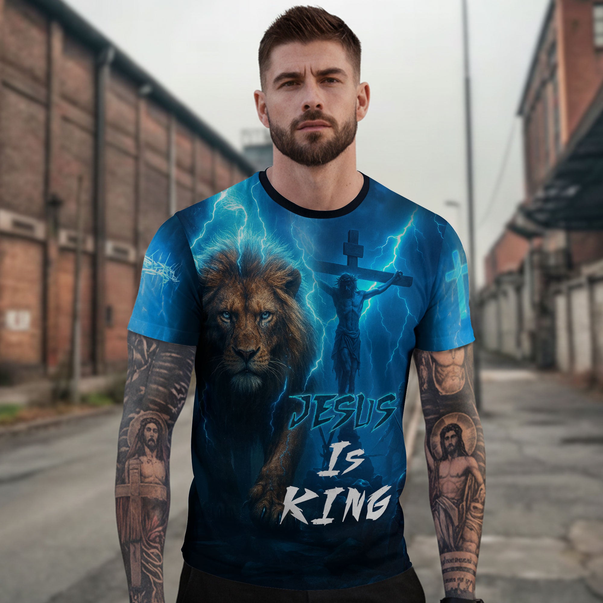 Jesus Is King Lightning Lion Cross Christian T-Shirt