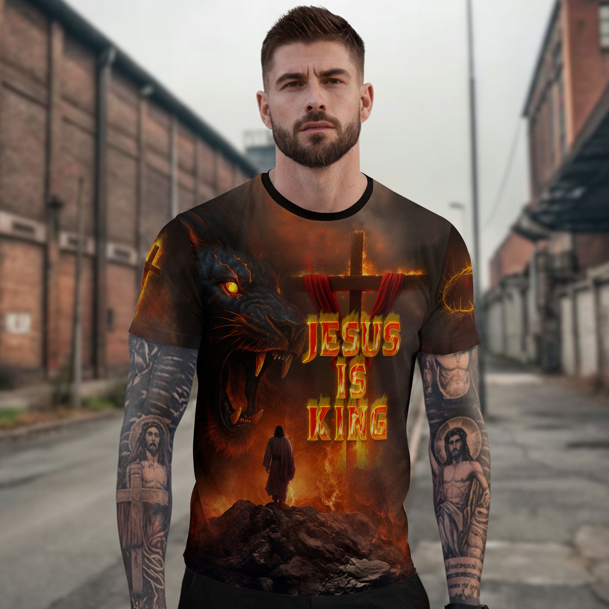 Jesus Is King With Fiery Lion And Cross T-Shirt