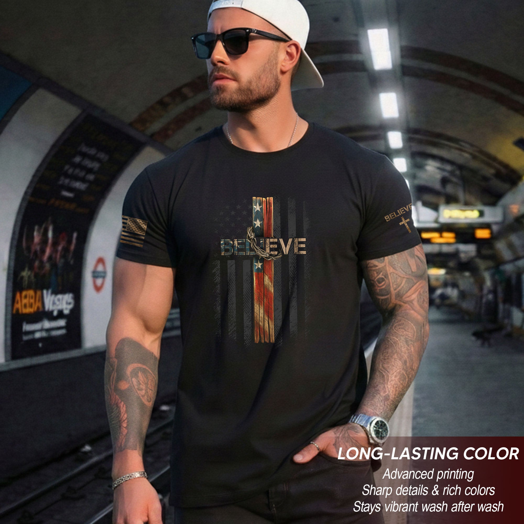 Believe American Flag Cross Christian T-Shirt