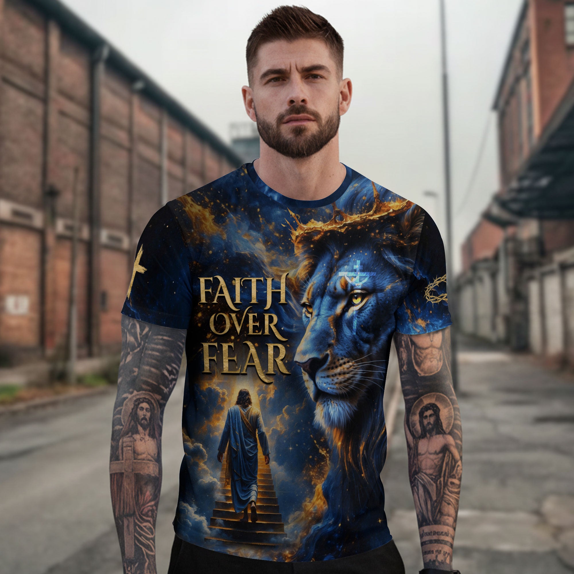 Faith Over Fear Blue Lion & Jesus Ascending Stairs Christian T-Shirt