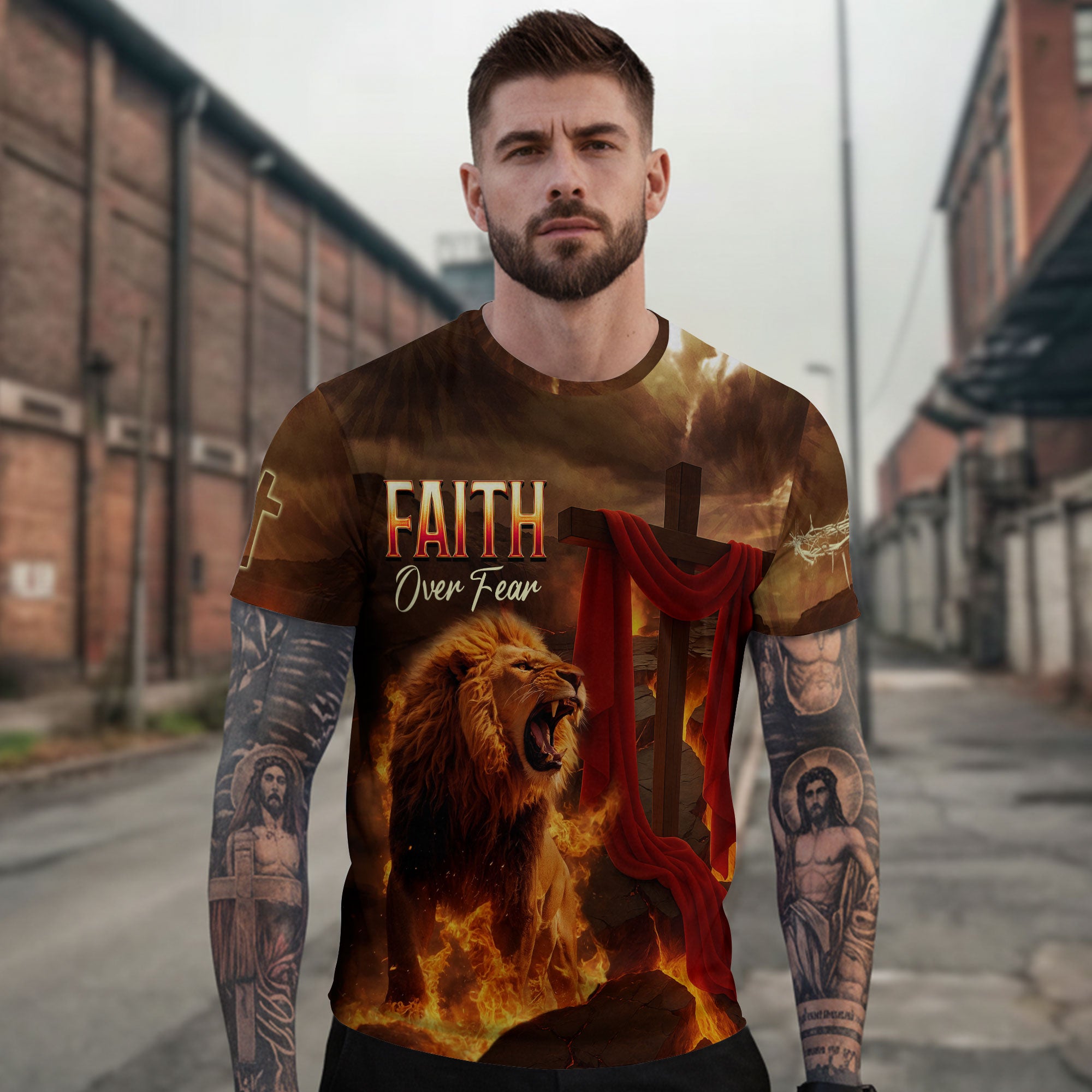 Faith Over Fear Lion & Cross in Flames Christian T-Shirt
