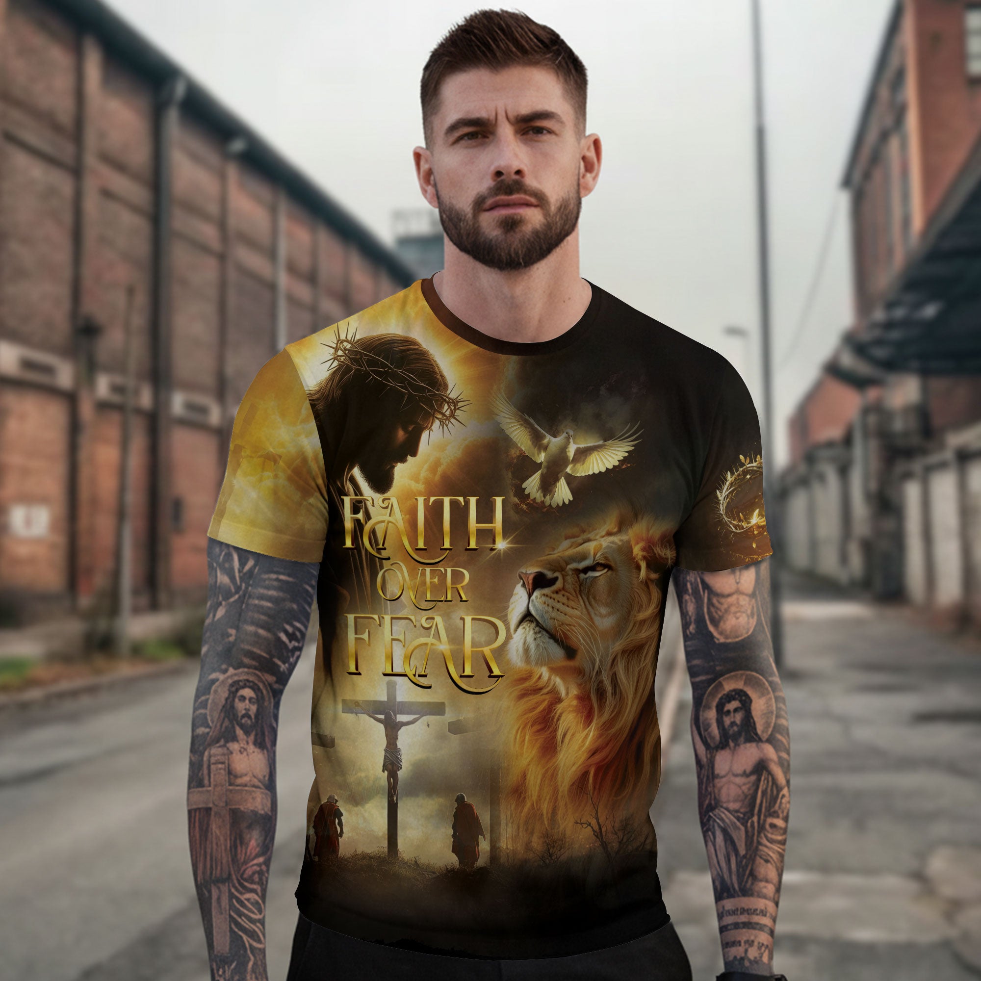 Faith Over Fear Lion & Dove Christian T-Shirt