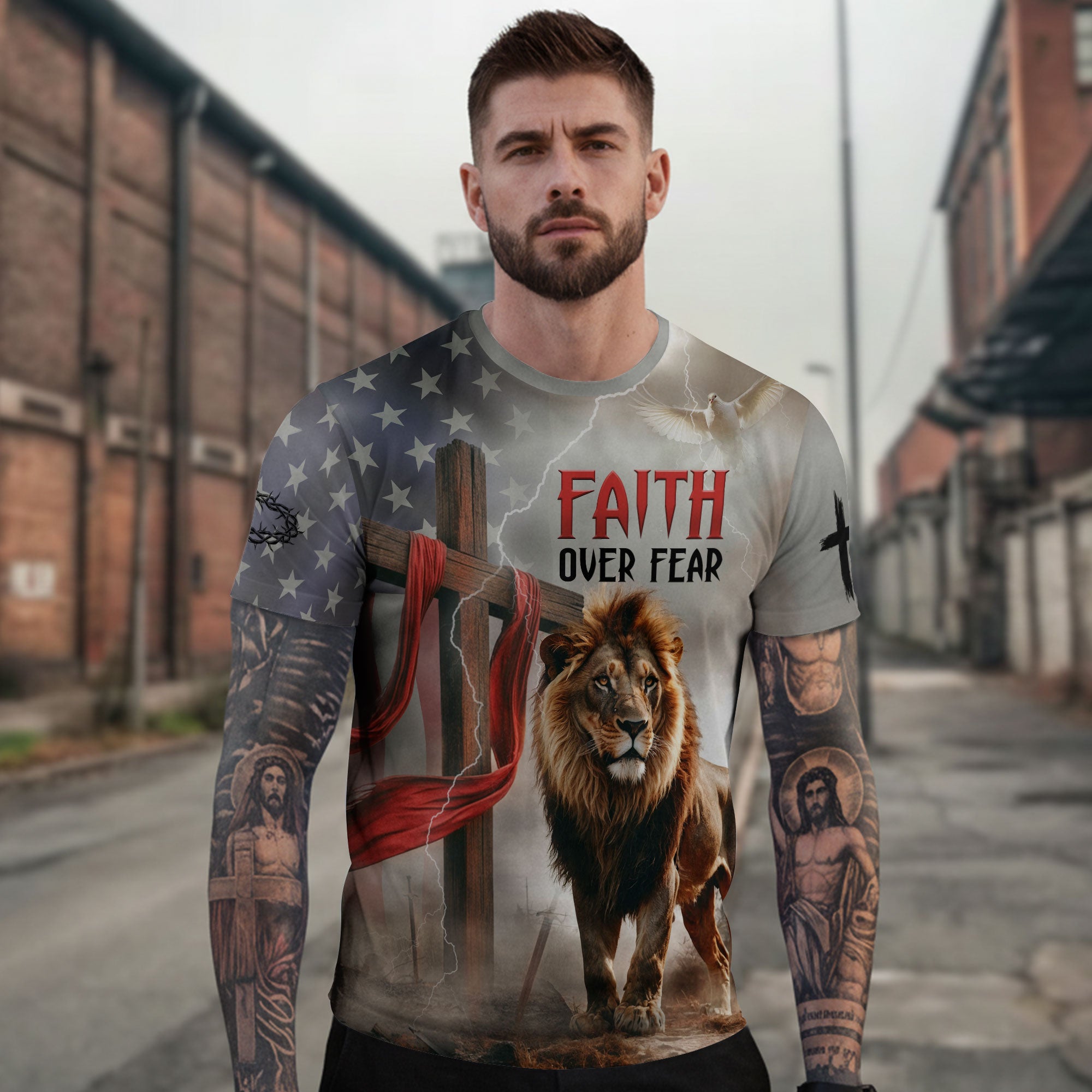 Faith Over Fear American Flag Lion & Cross Christian T-Shirt