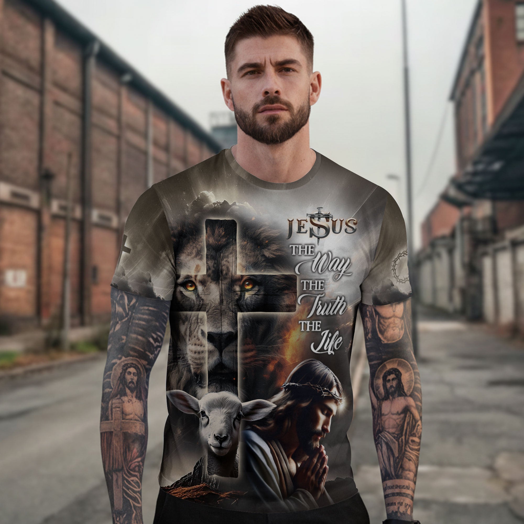 Jesus The Way The Truth The Life Lion Lamb Cross T-Shirt