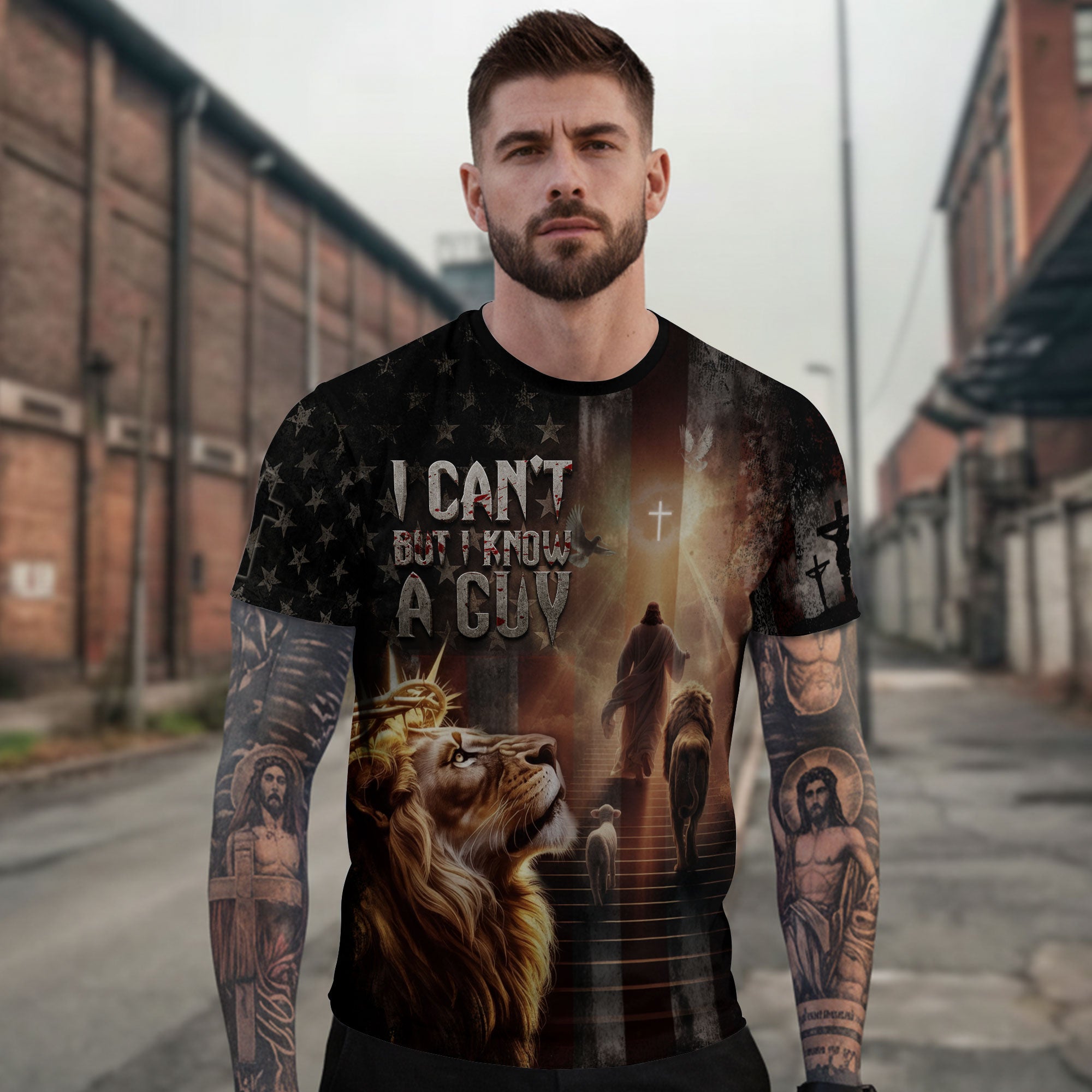 I Can’t But I Know A Guy Lion & Cross American Flag T-Shirt