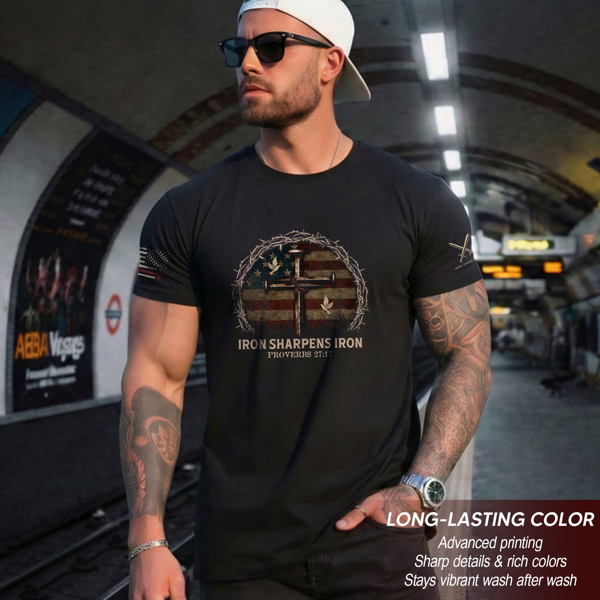 Iron Sharpens Iron Cross American Flag T-Shirt