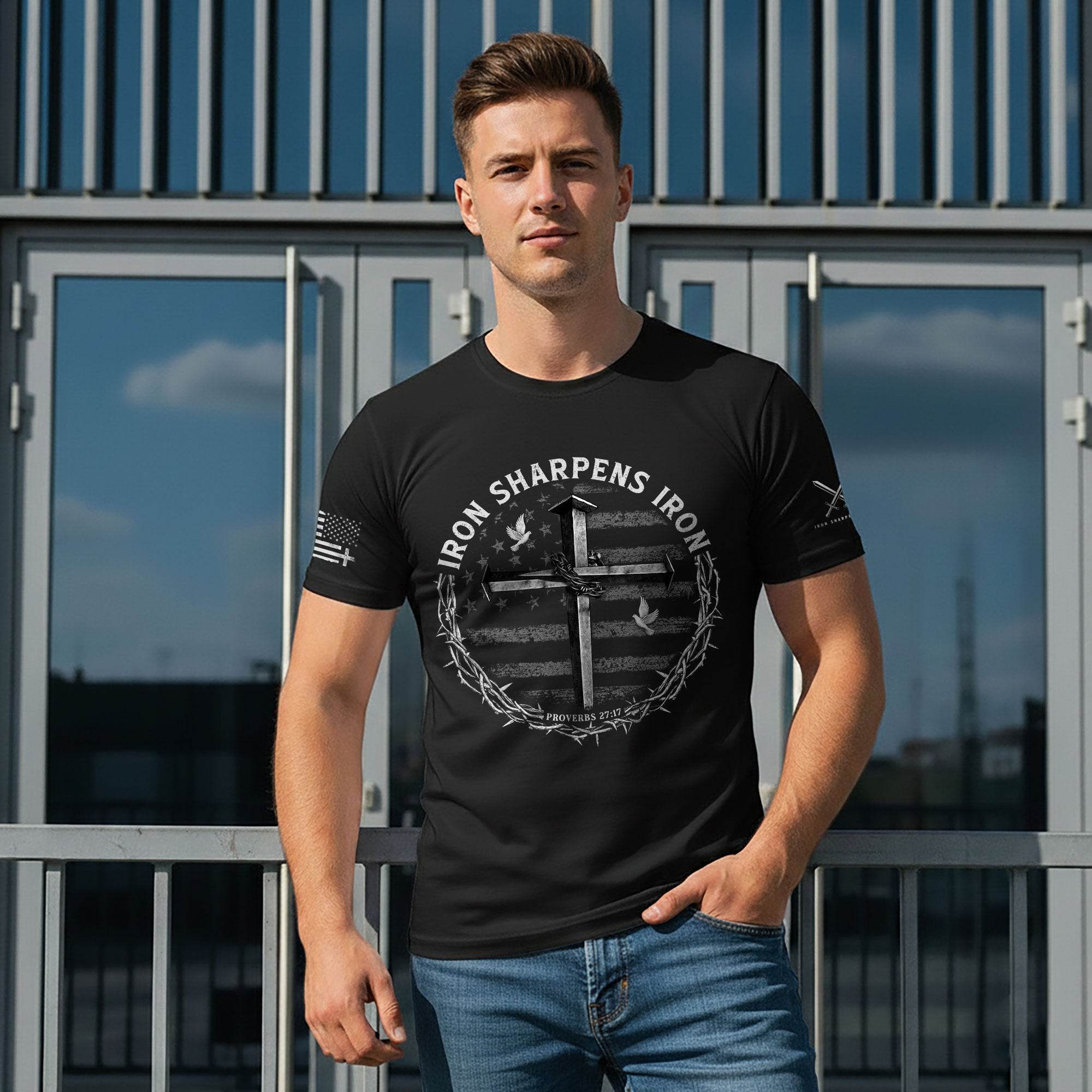 Iron Sharpens Iron Cross Proverbs 27:17 Christian T-Shirt - Rust Field Wear