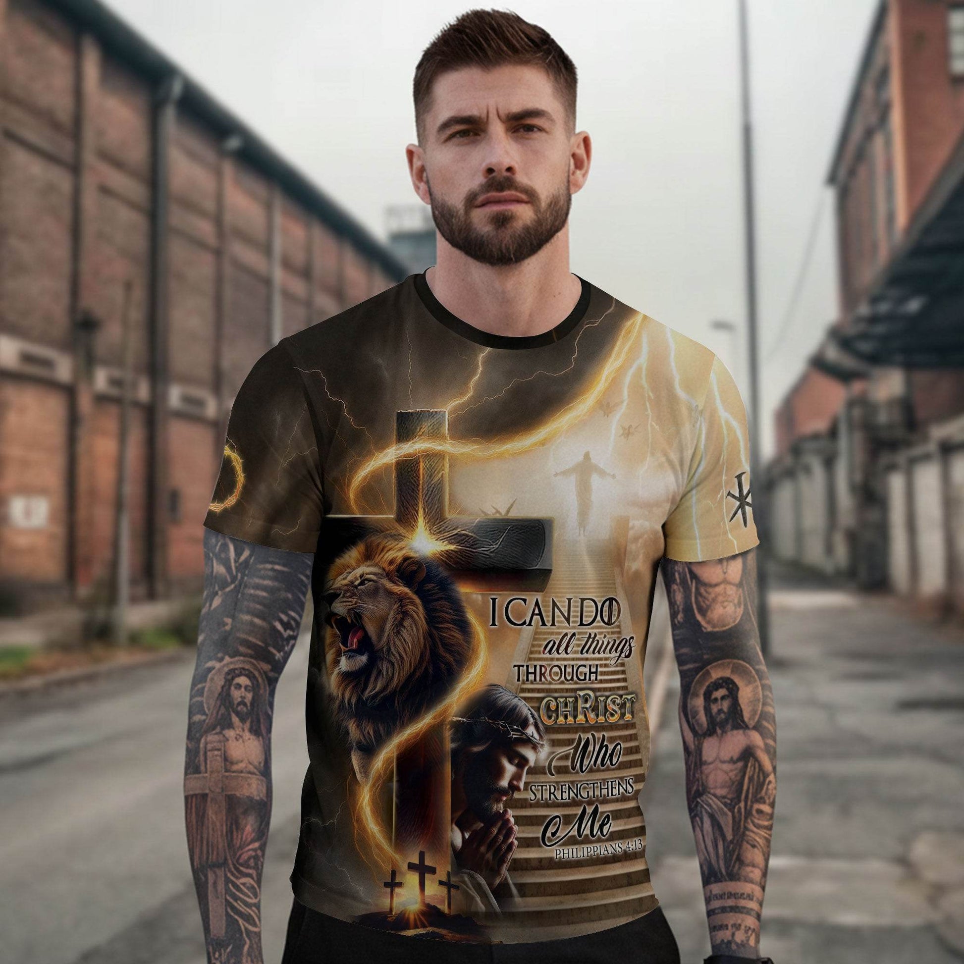 I Can Do All Things Through Christ Lion Cross Lightning T-Shirt - Rust Field Wear