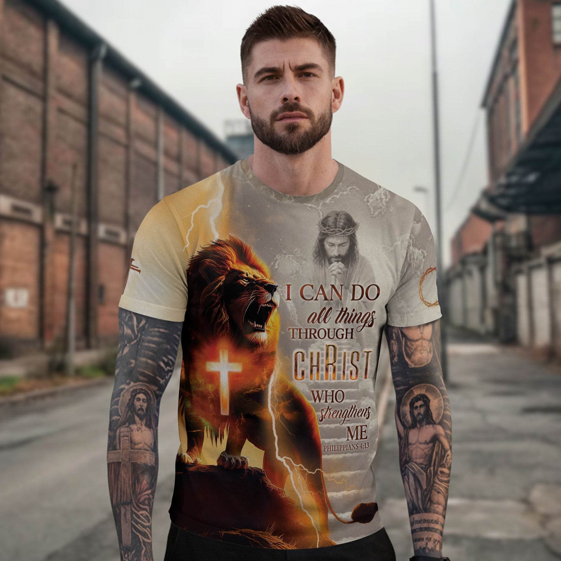 I Can Do All Things Through Christ Lightning Cross & Lion T-Shirt - Rust Field Wear