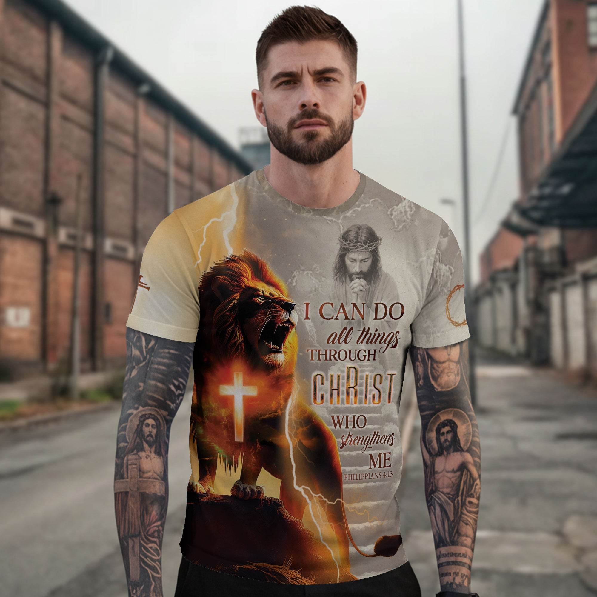 I Can Do All Things Through Christ Lightning Cross & Lion T-Shirt - Rust Field Wear