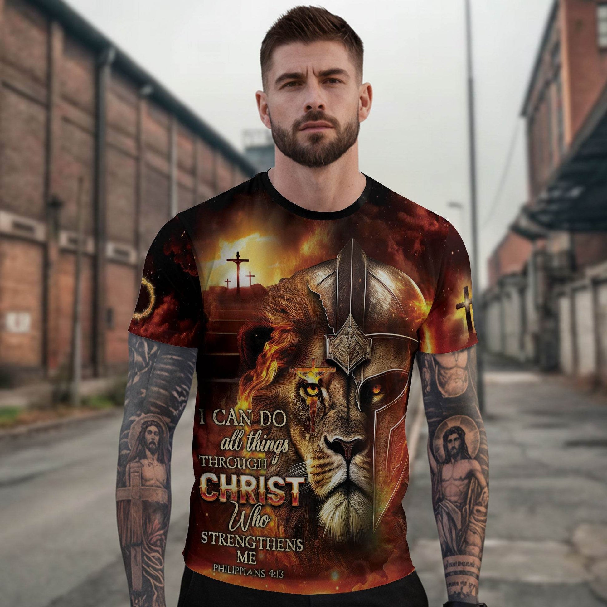 I Can Do All Things Through Christ Lion Warrior Cross T-Shirt - Rust Field Wear