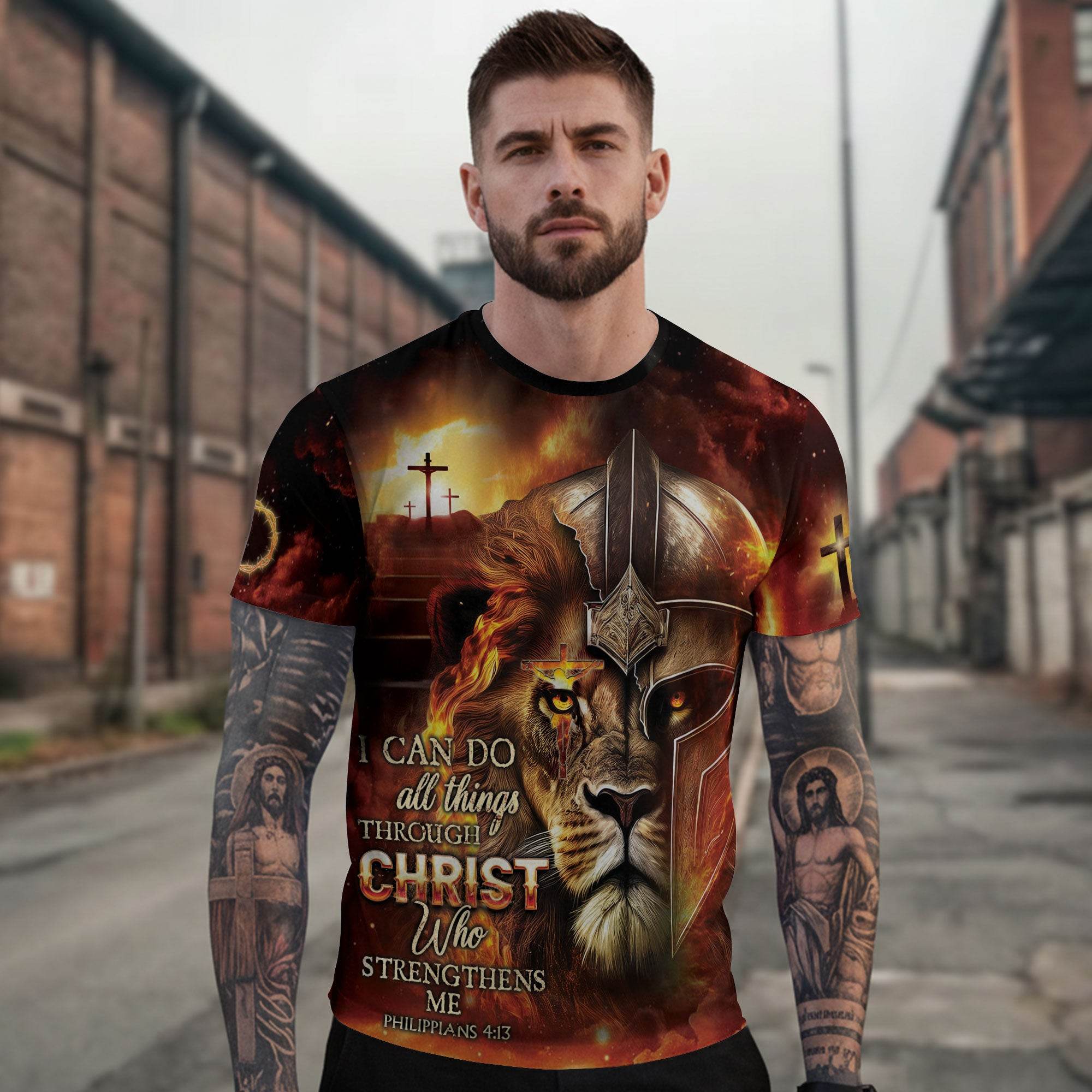I Can Do All Things Through Christ Lion Warrior Cross T-Shirt - Rust Field Wear