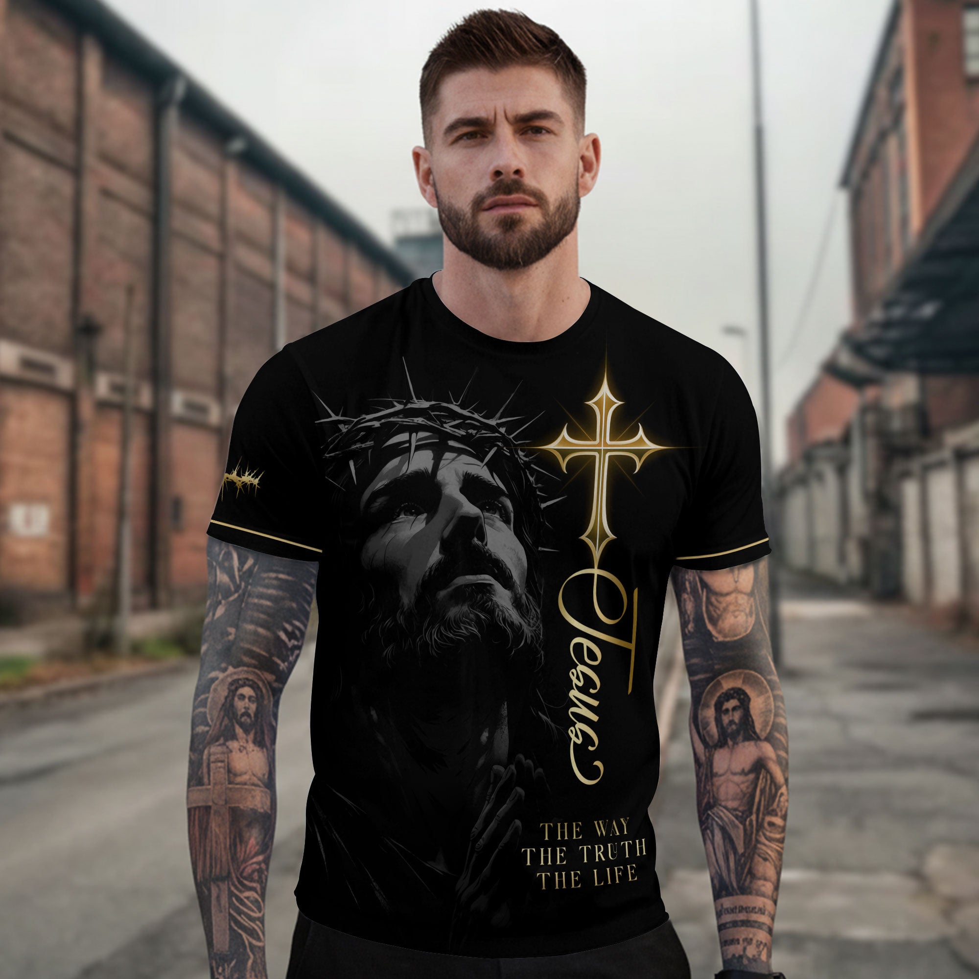Jesus The Way The Truth The Life Golden Cross Lion Christian T-Shirt