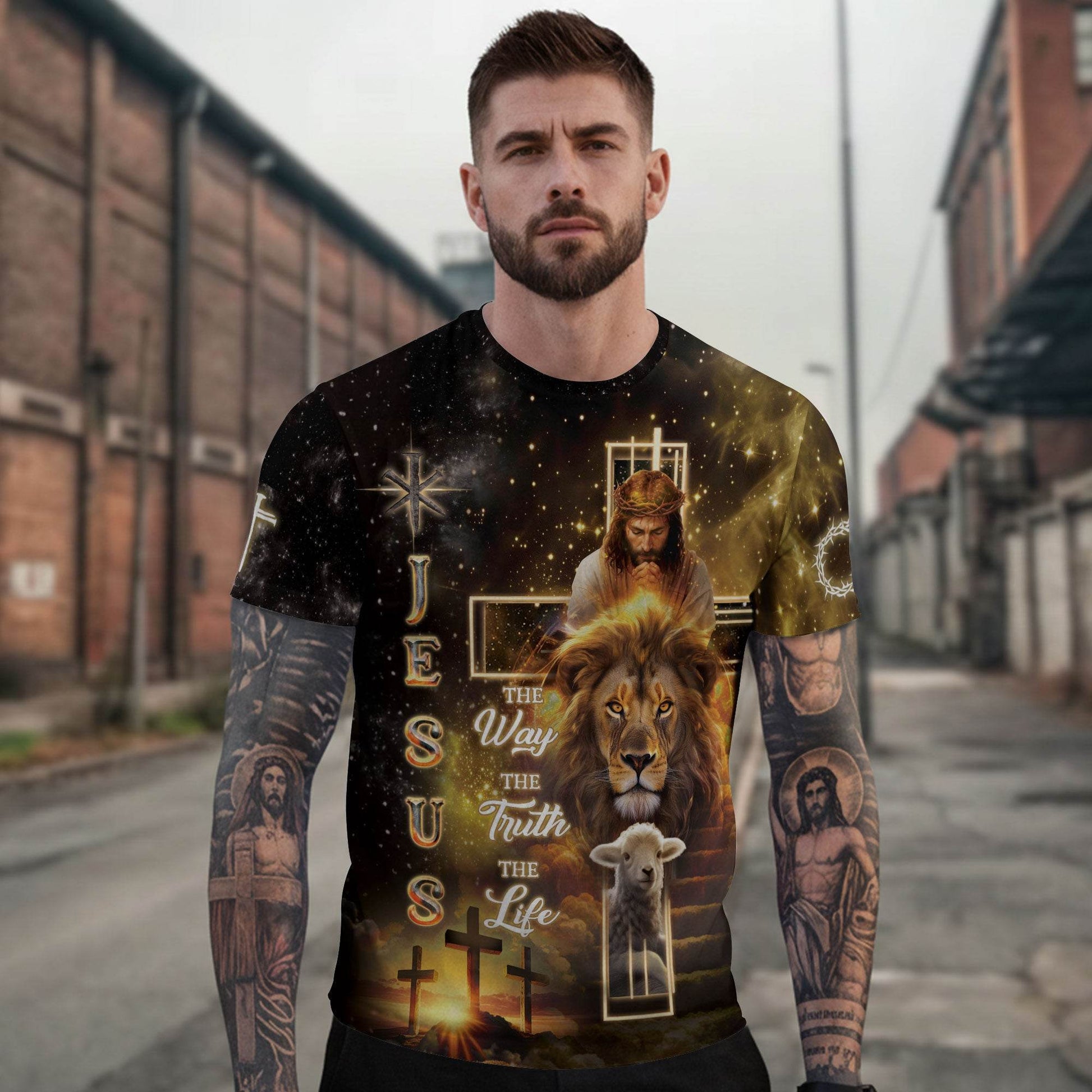 Jesus The Way The Truth The Life Cross Lion Lamb T-Shirt - Rust Field Wear