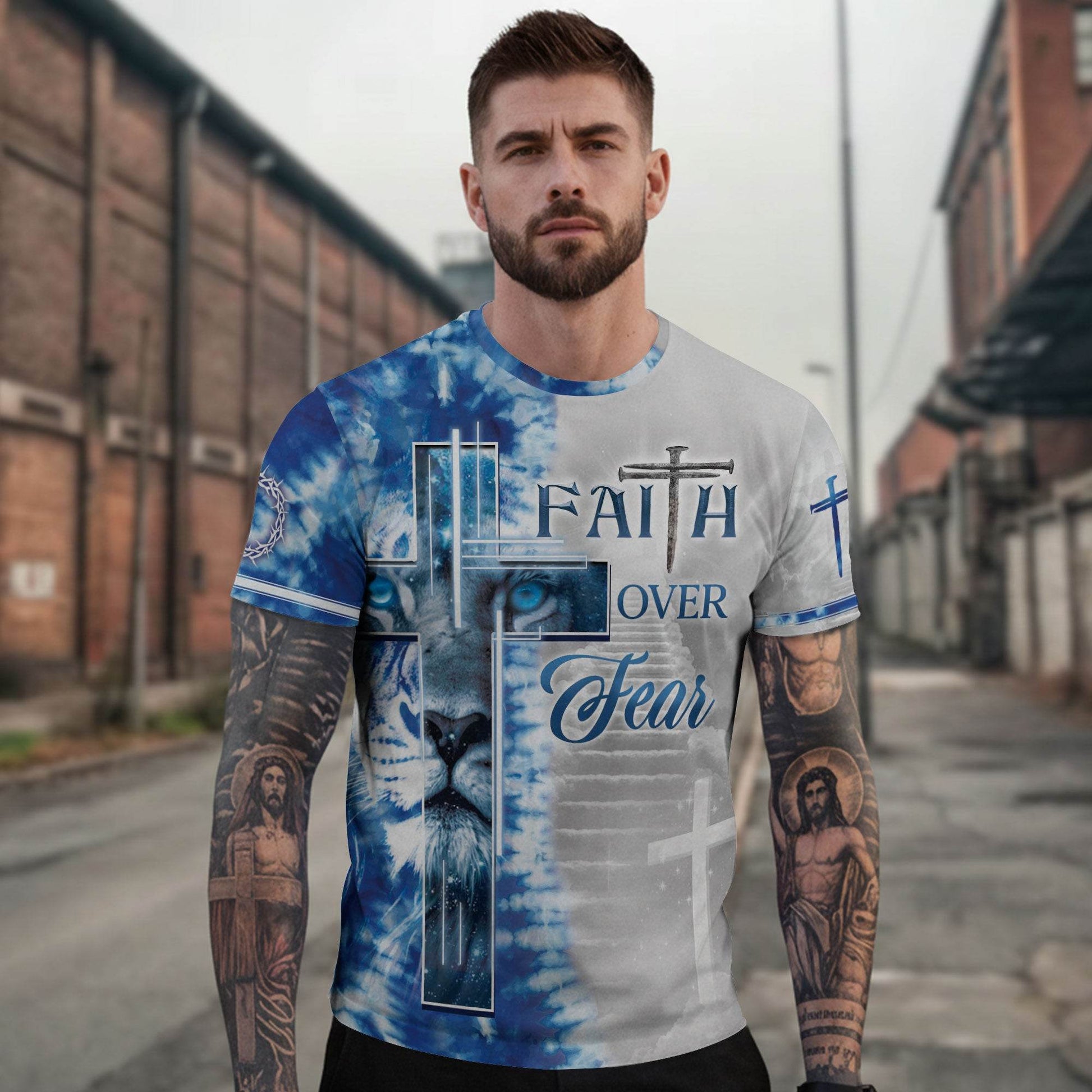 Faith Over Fear Blue Lion Cross Christian T-Shirt - Rust Field Wear