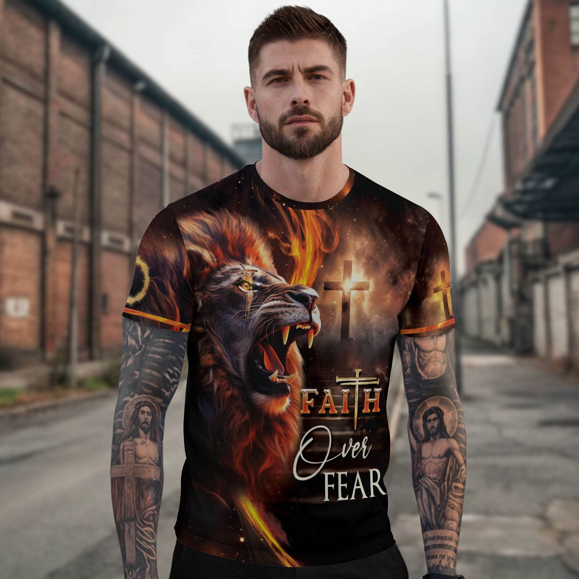 Faith Over Fear Fiery Lion & Cross Christian T-Shirt - Rust Field Wear