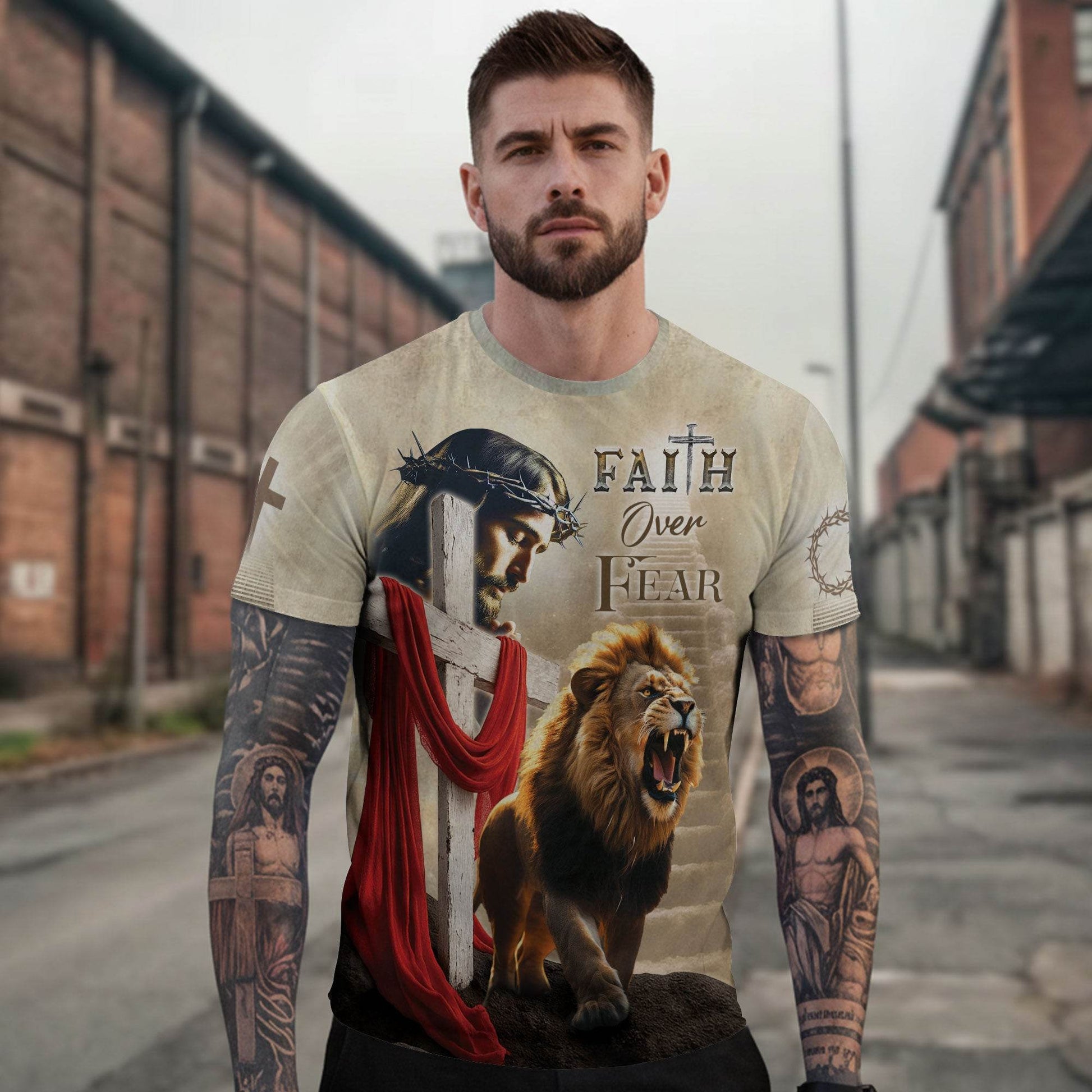 Faith Over Fear Jesus & Lion with Red Drape Christian T-Shirt - Rust Field Wear