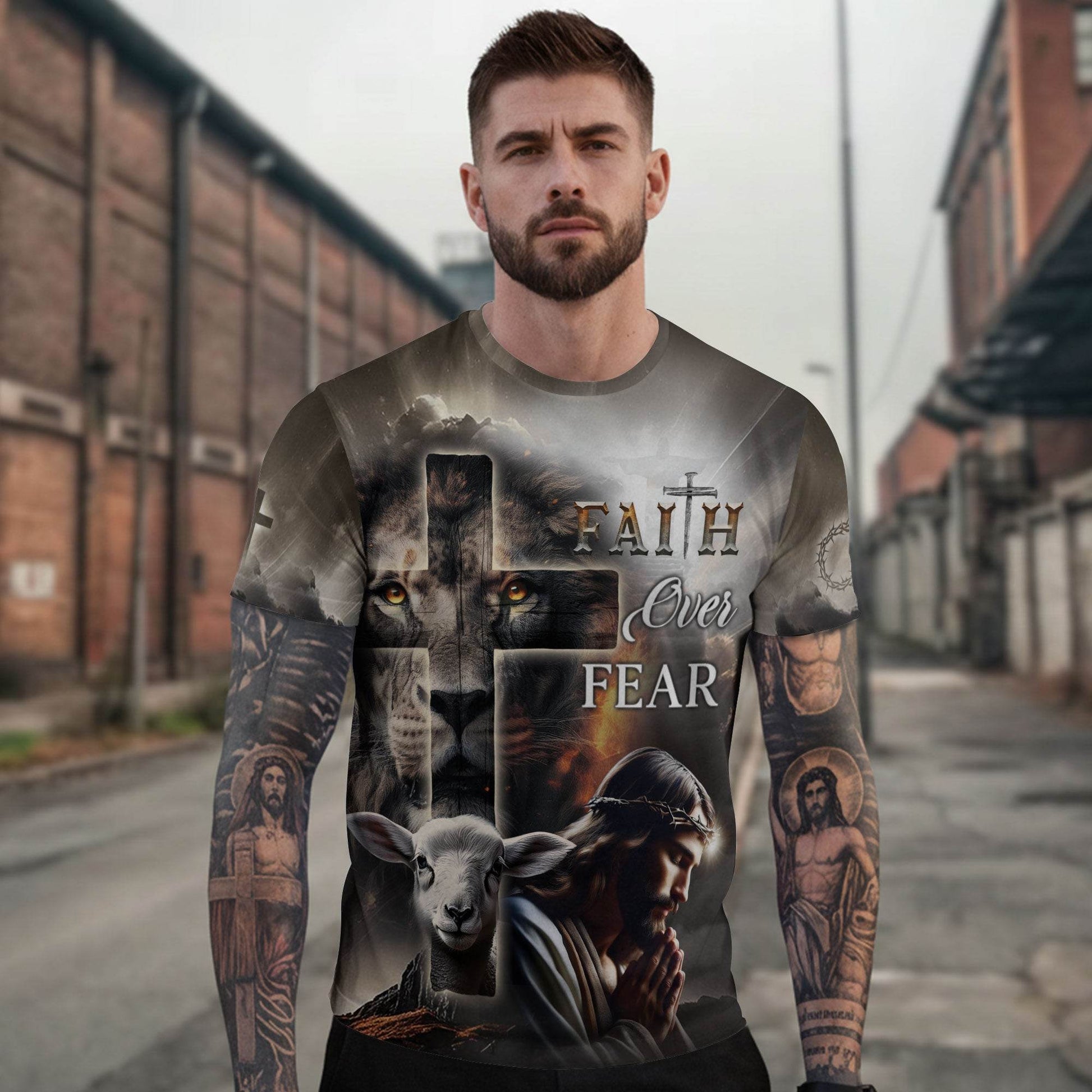 Faith Over Fear Lion Cross & Lamb Christian T-Shirt - Rust Field Wear