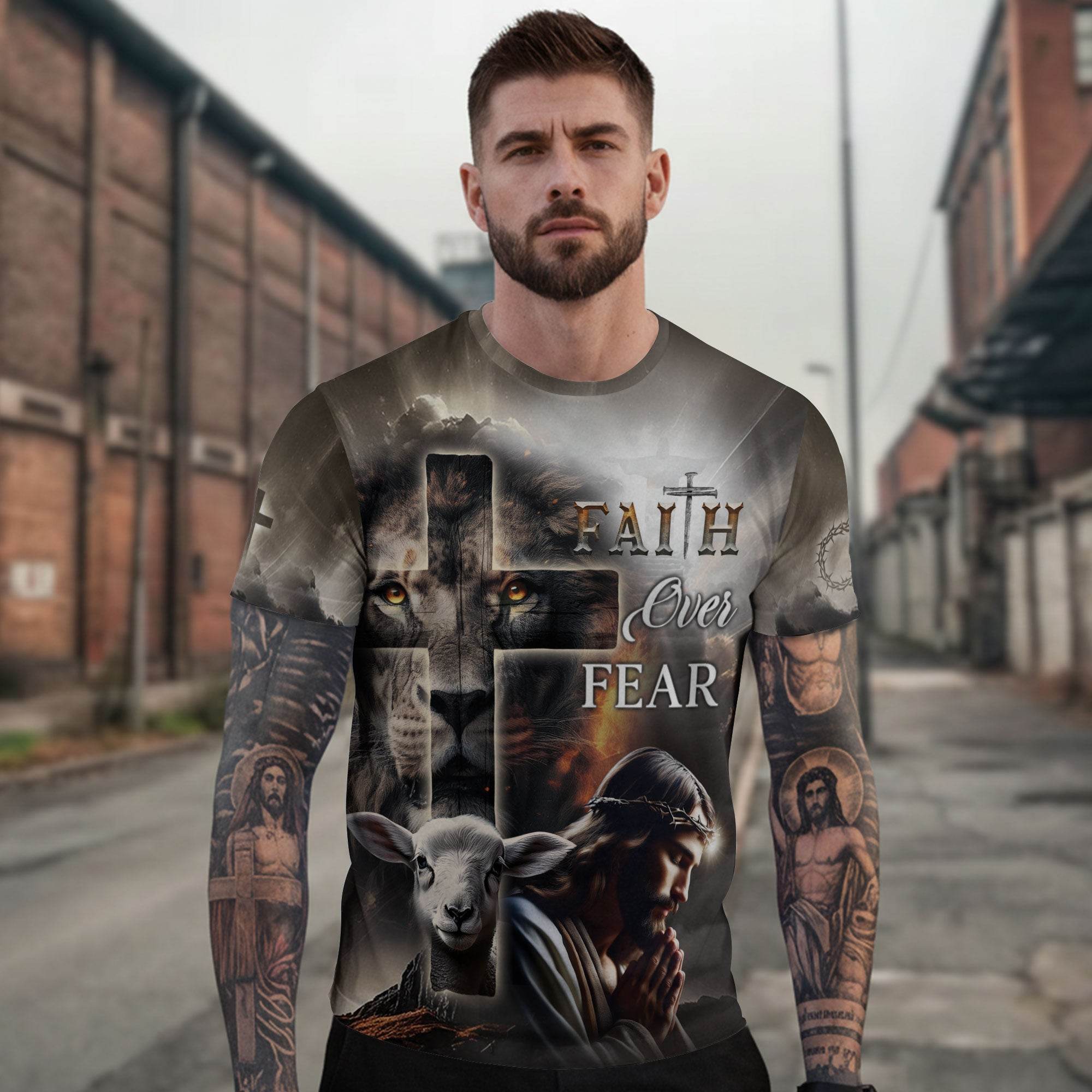 Faith Over Fear Lion Cross & Lamb Christian T-Shirt - Rust Field Wear
