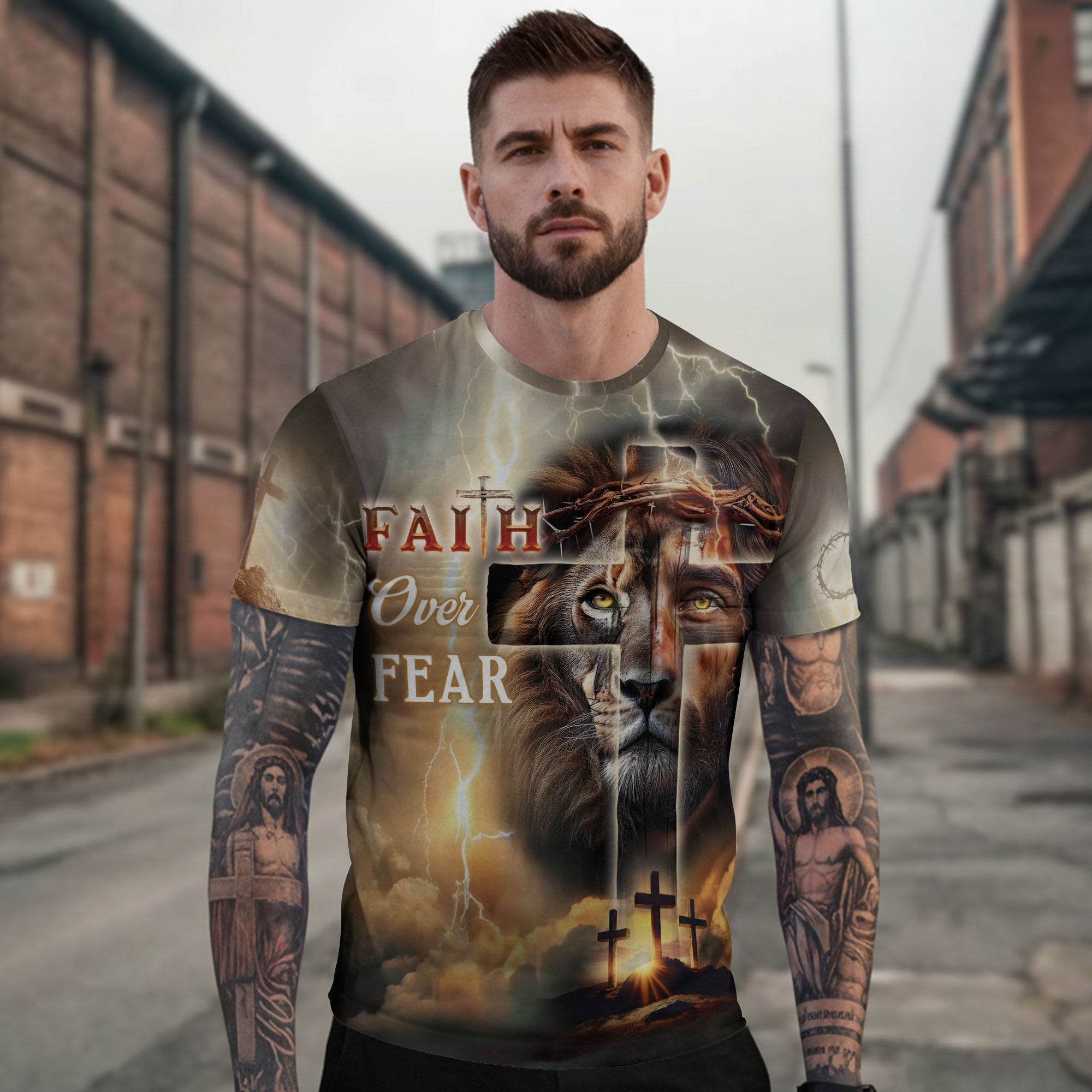 Faith Over Fear Lion & Cross Lightning Christian T-Shirt - Rust Field Wear