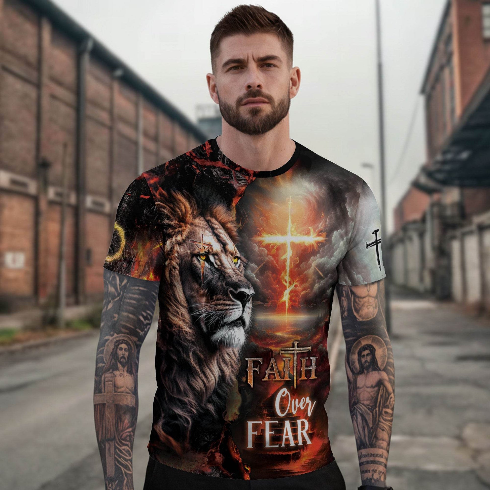 Lion & Fiery Cross Christian T-Shirt – Faith Over Fear Design - Rust Field Wear