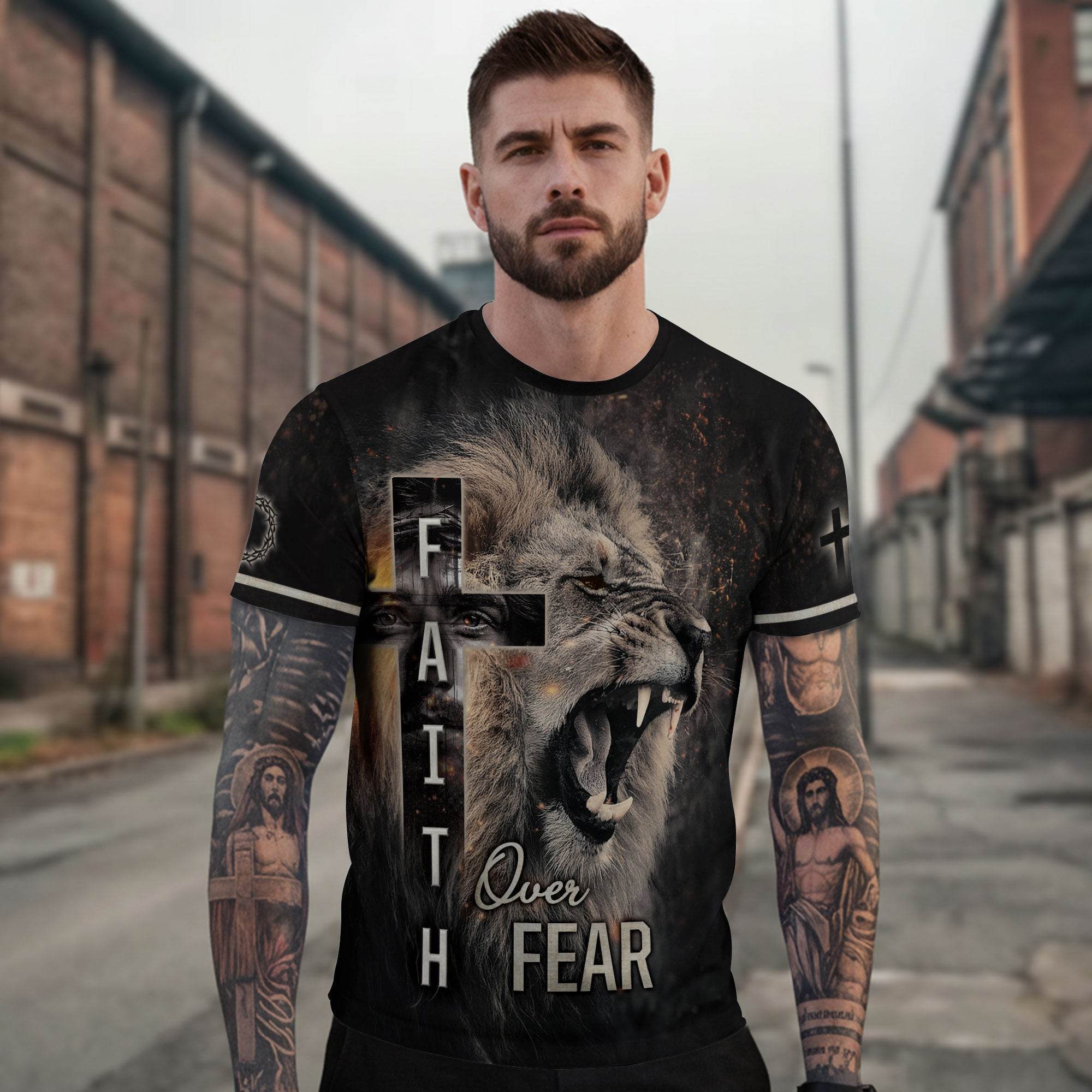 Roaring Lion & Cross Faith Over Fear Christian T-Shirt - Rust Field Wear