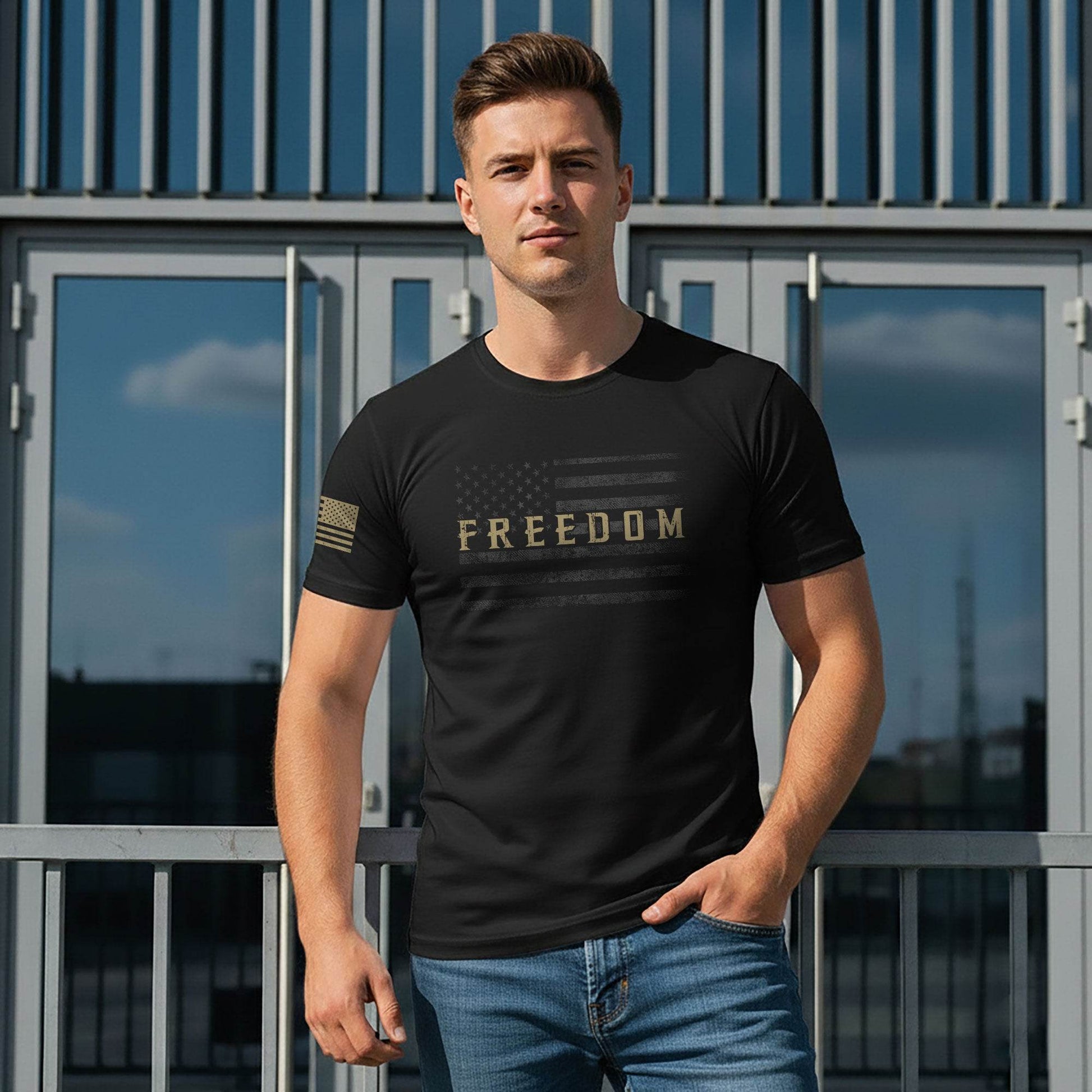Freedom Distressed American Flag Military Style T-Shirt - Rust Field Wear