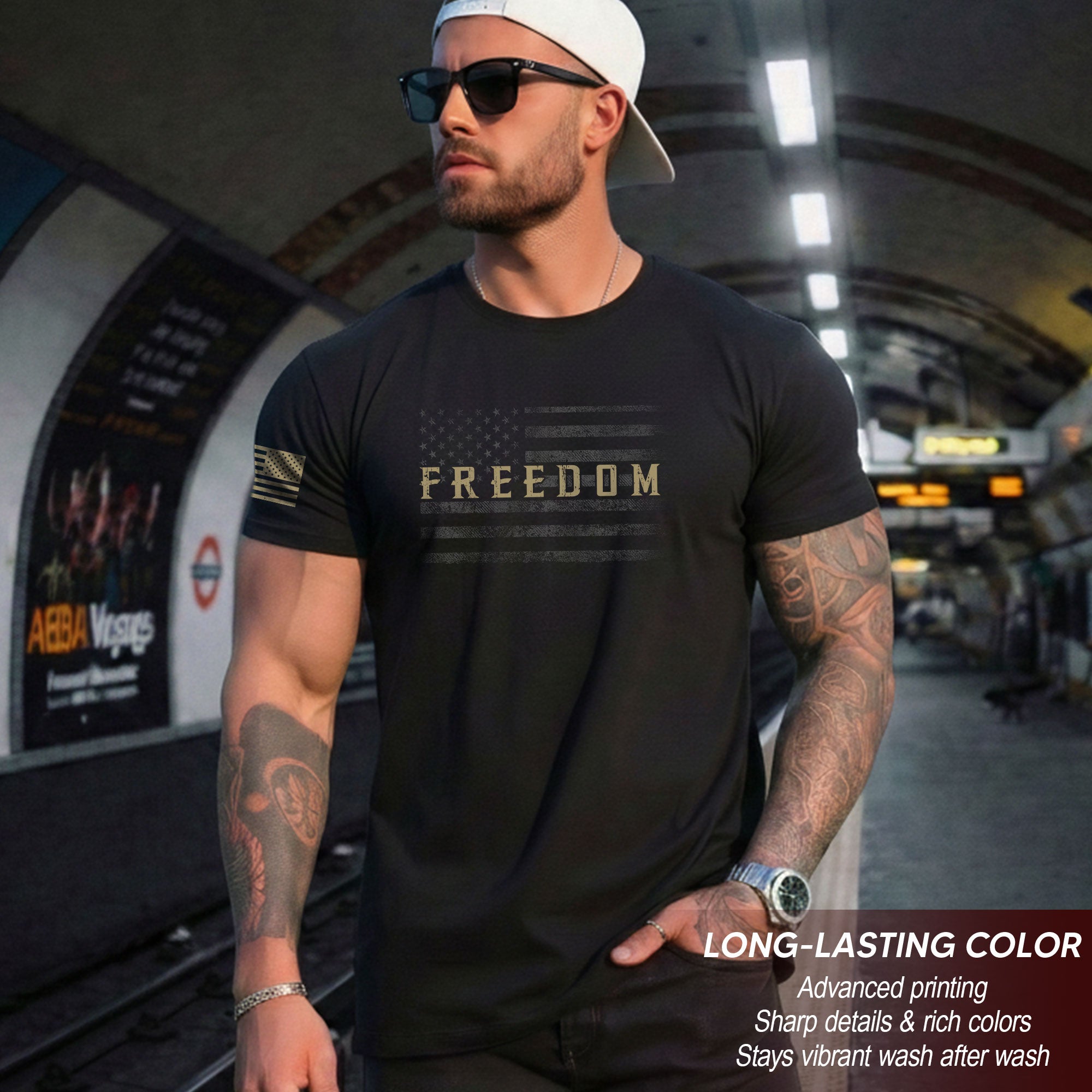 Freedom Distressed American Flag Military Style T-Shirt