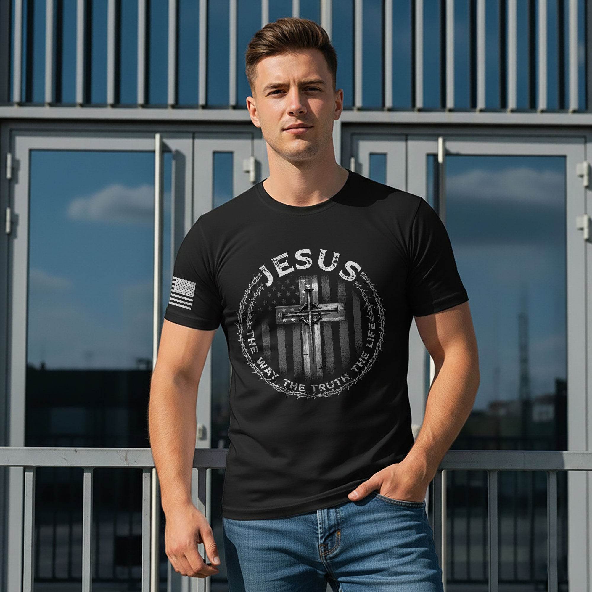 Jesus Cross American Flag The Way The Truth The Life T-Shirt - Rust Field Wear