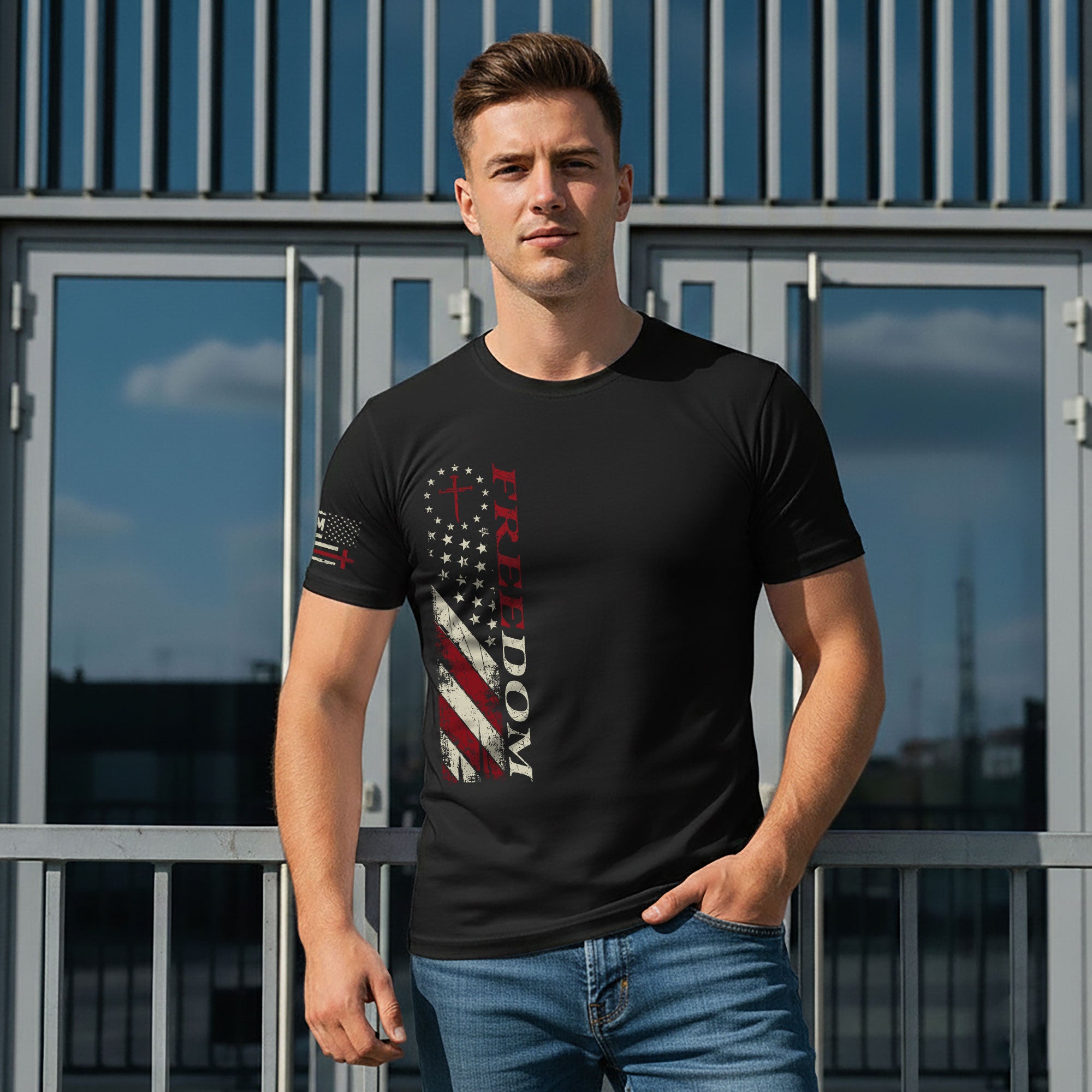 Freedom Memorial Patriotic American Flag & Bold Quote T-Shirt