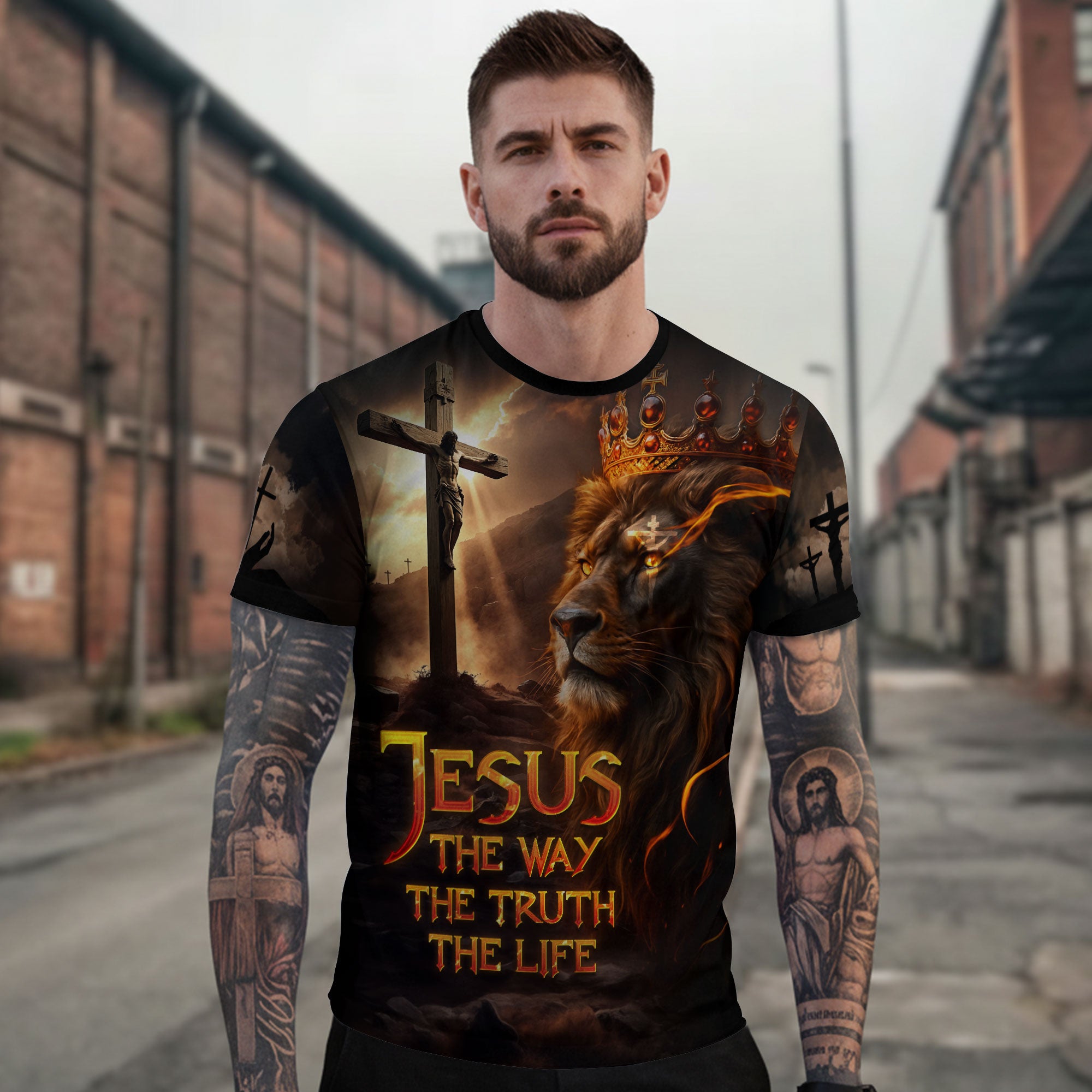 Jesus The Way The Truth The Life Lion of Judah Fire Cross Christian T-Shirt