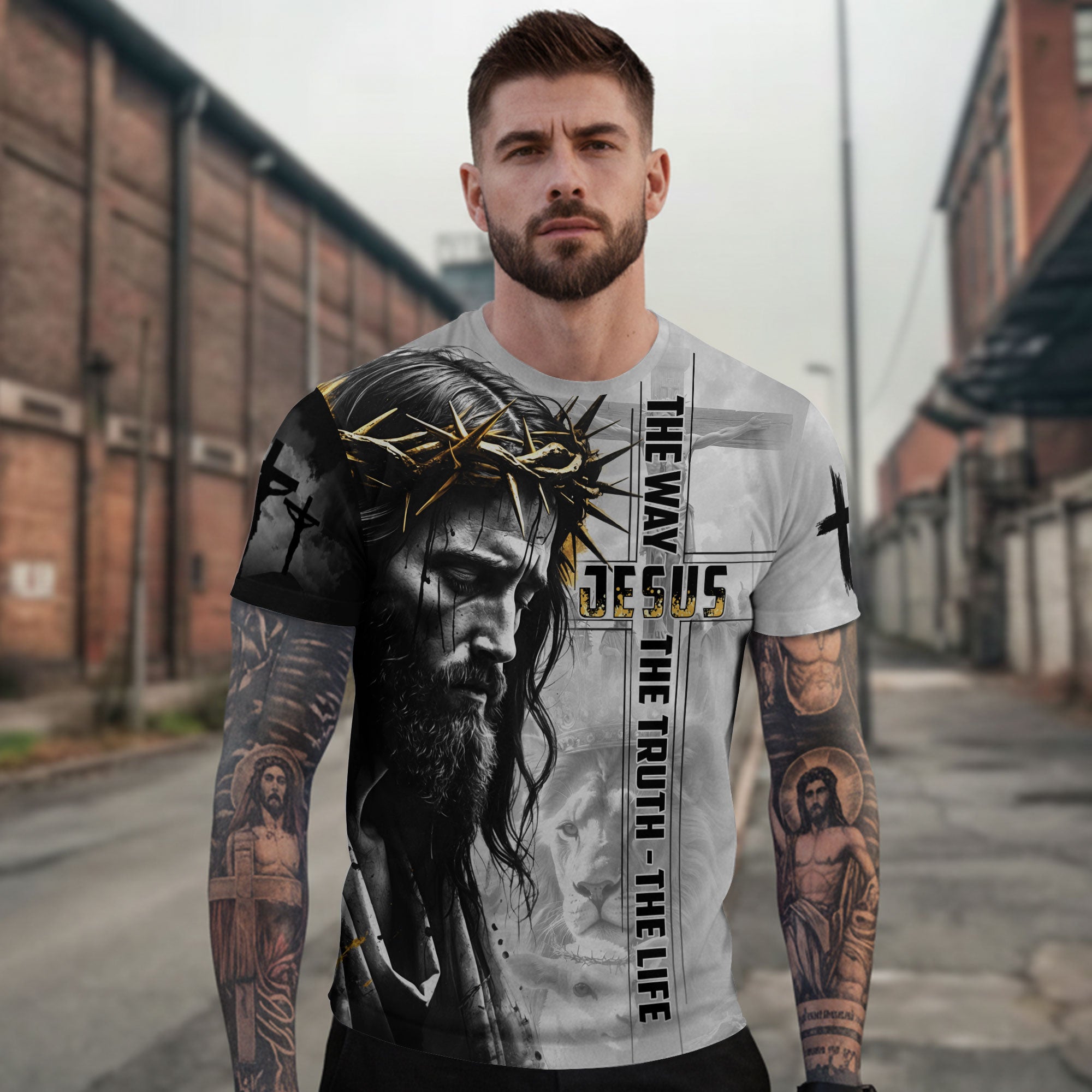 Jesus The Way The Truth The Life Black White Gold Lion Christian T-Shirt