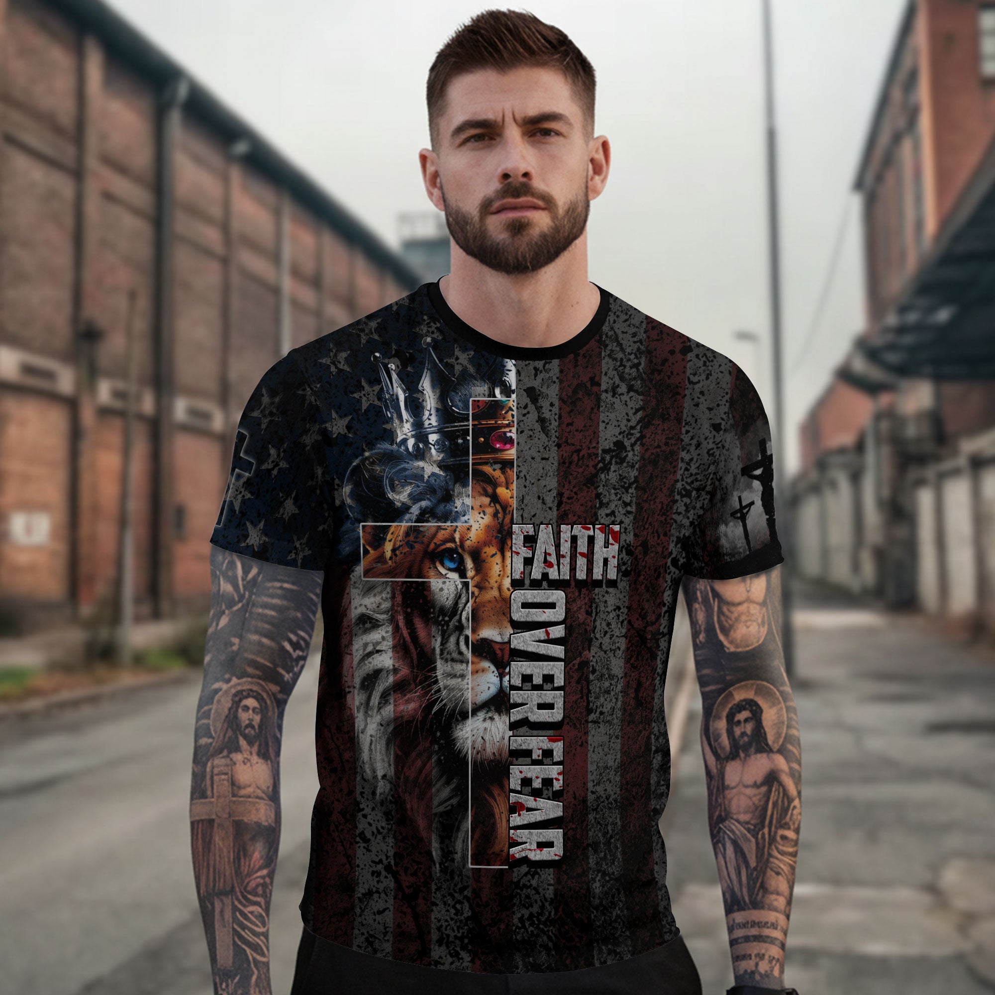 Faith Over Fear Jesus Crown Lion Of Judah American Flag Christian Warrior T-Shirt