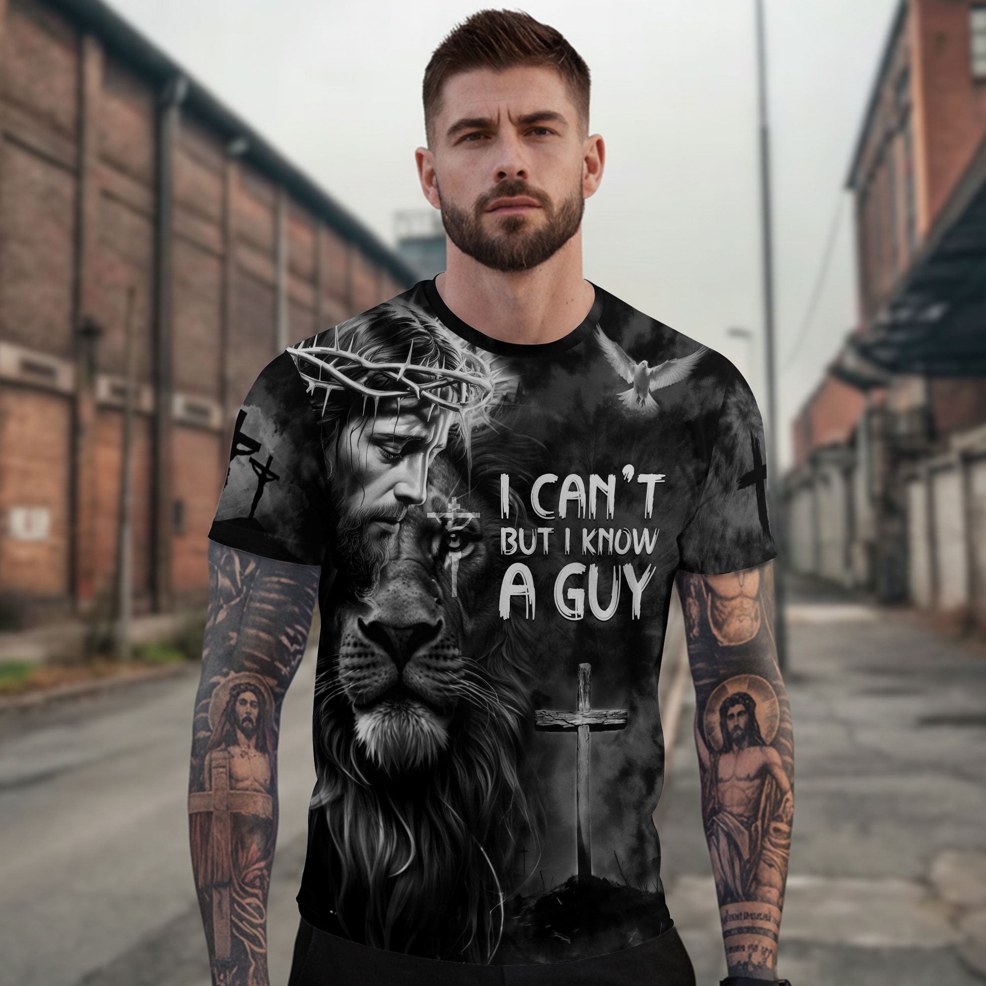 I Can’t But I Know A Guy Jesus Cross Lion Of Judah Black And White Christian T-Shirt
