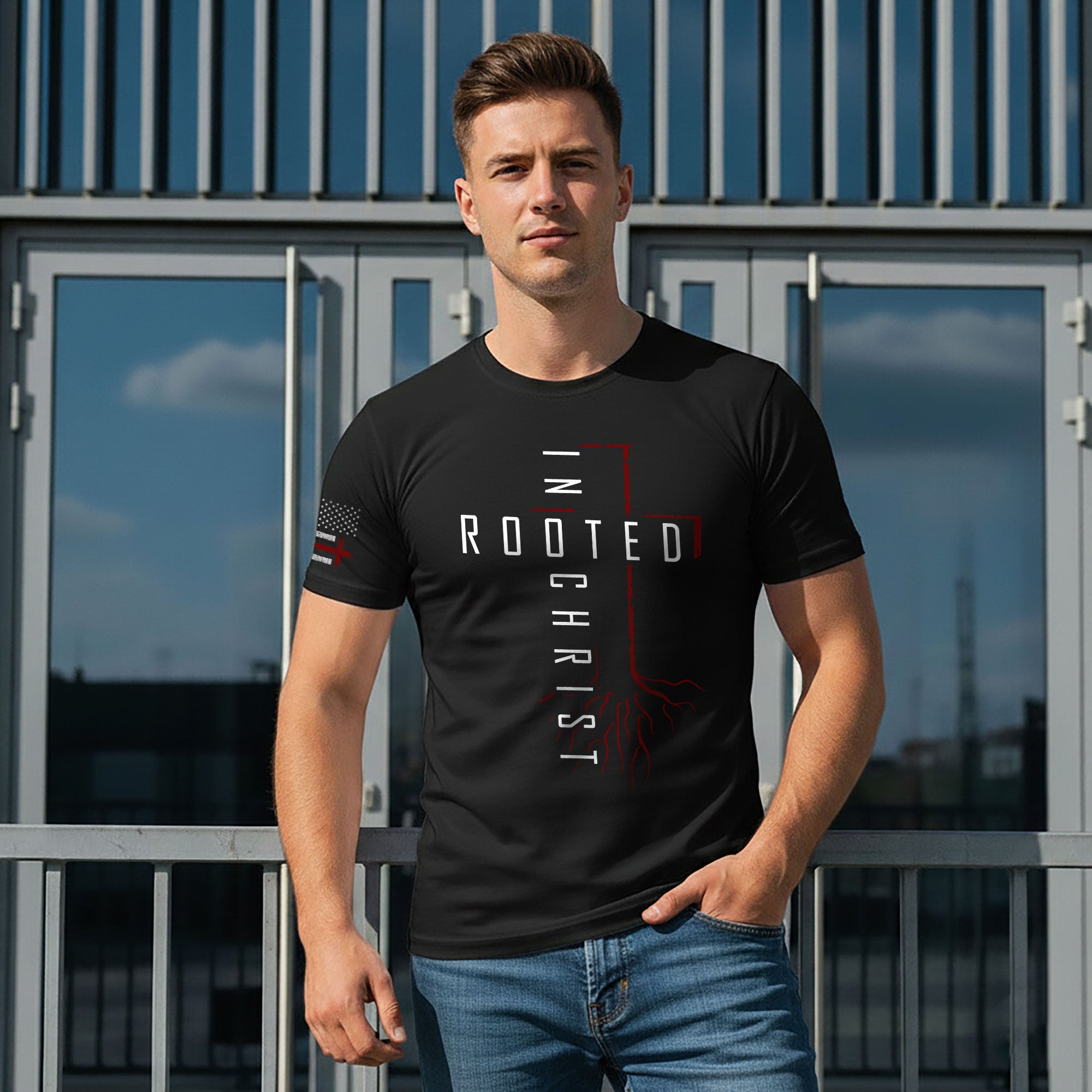 Rooted In Christ Red Cross and Roots Christian T-Shirt