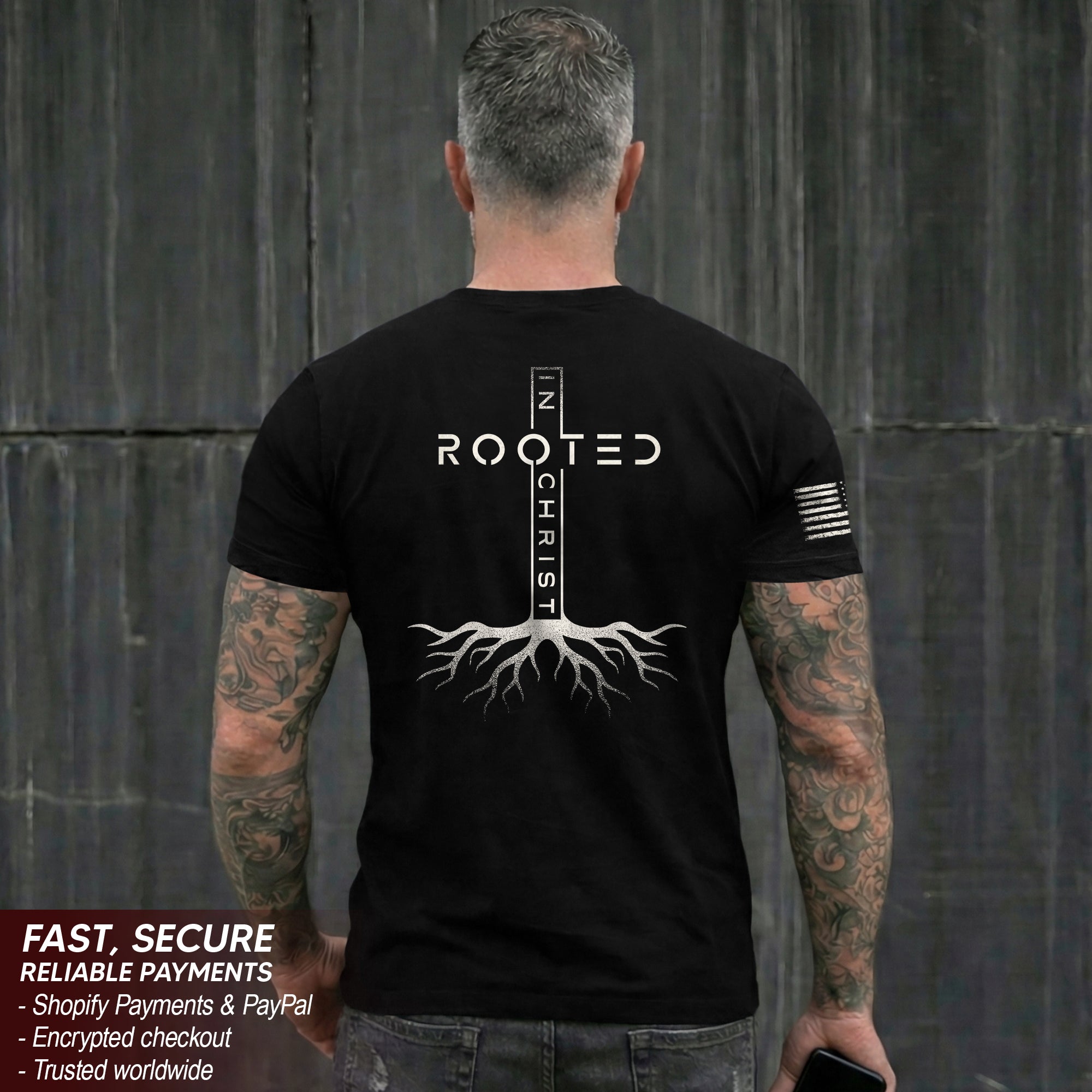 Rooted In Christ Vertical Cross Roots Back Print Christian T-Shirt