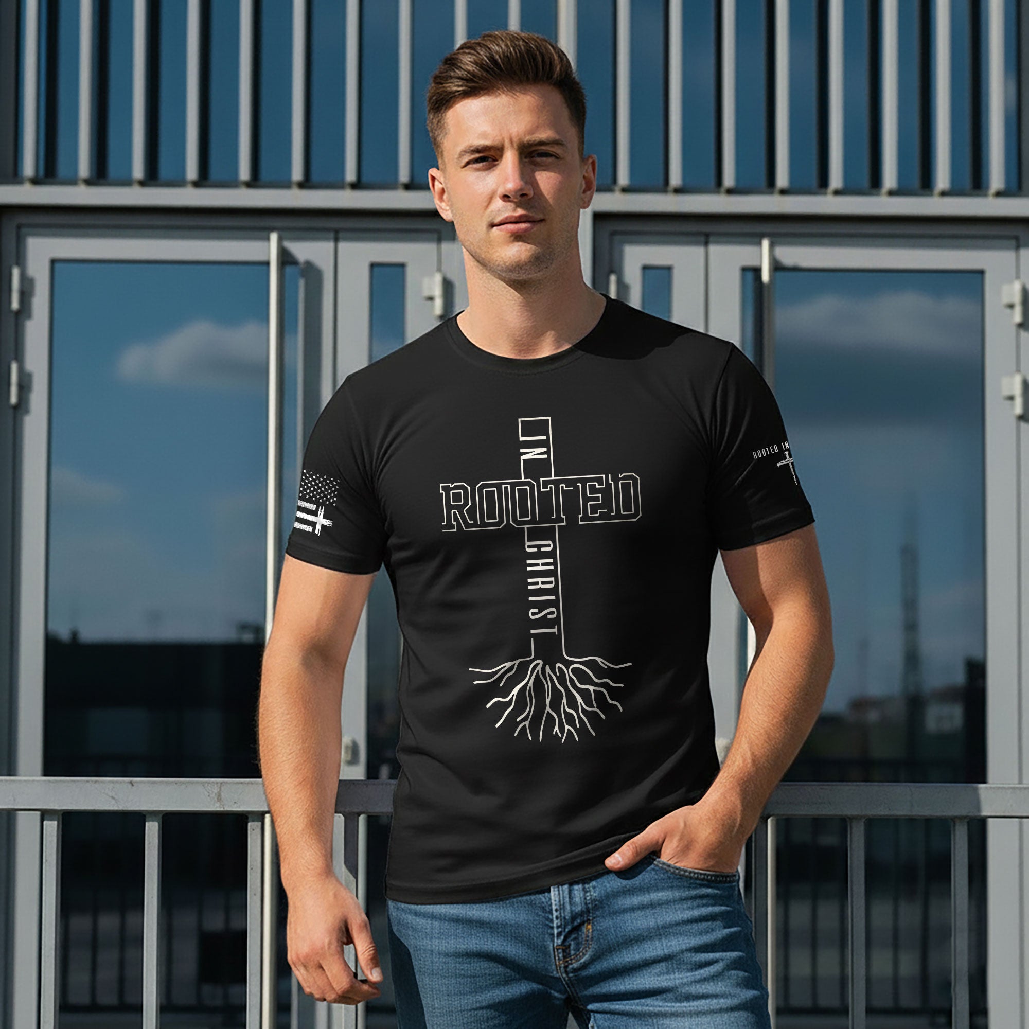 Rooted In Christ Bold Cross Roots Christian T-Shirt