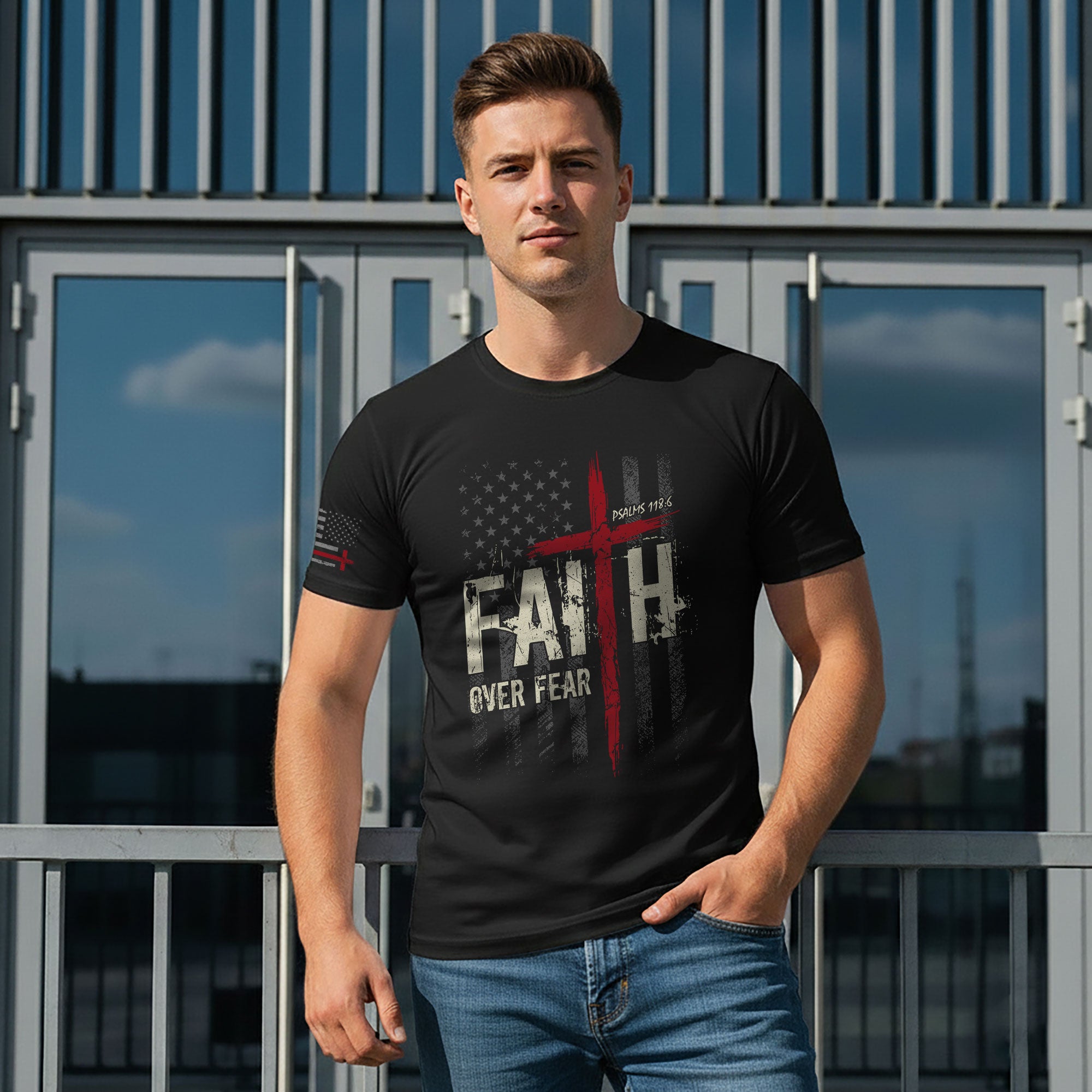 Faith Over Fear Psalms 118 6 Red Cross American Flag Christian T-Shirt