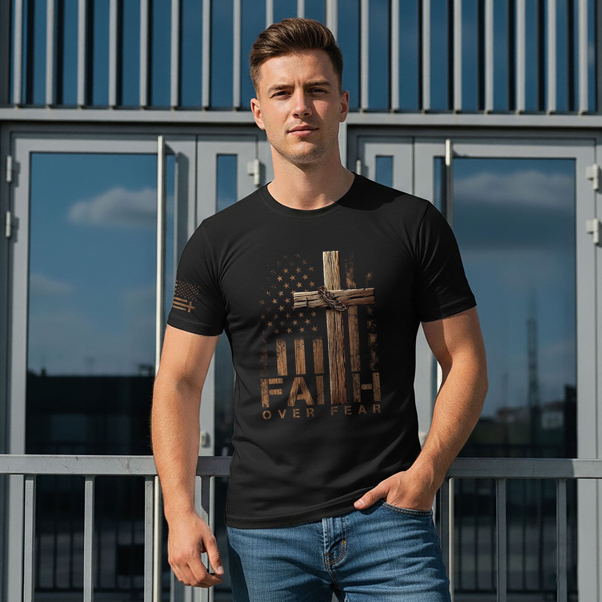 Faith Over Fear Wooden Cross American Flag Christian T-Shirt