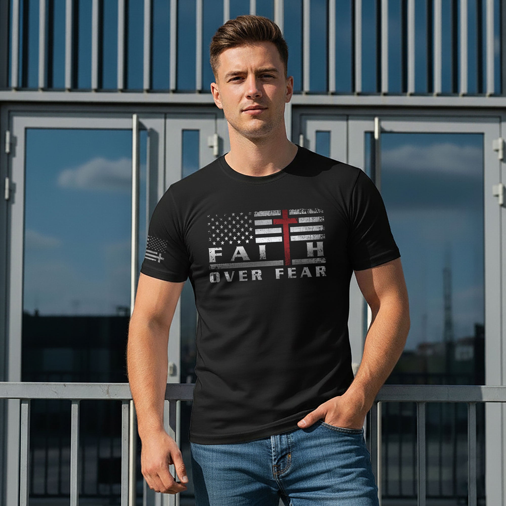 Faith Over Fear USA Flag Red Cross Christian T-Shirt