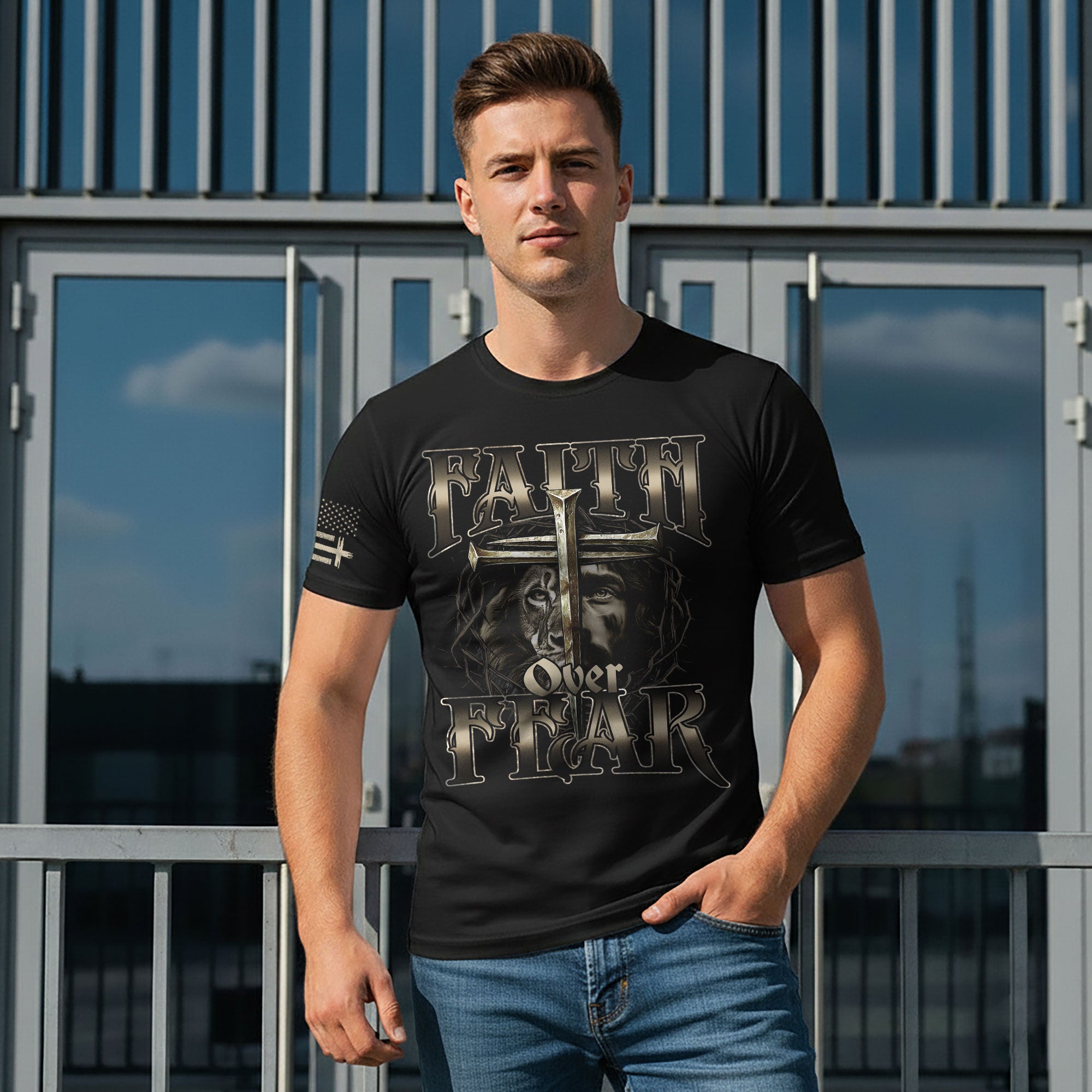 Faith Over Fear Christian T-Shirt Lion Jesus Cross Crown Design