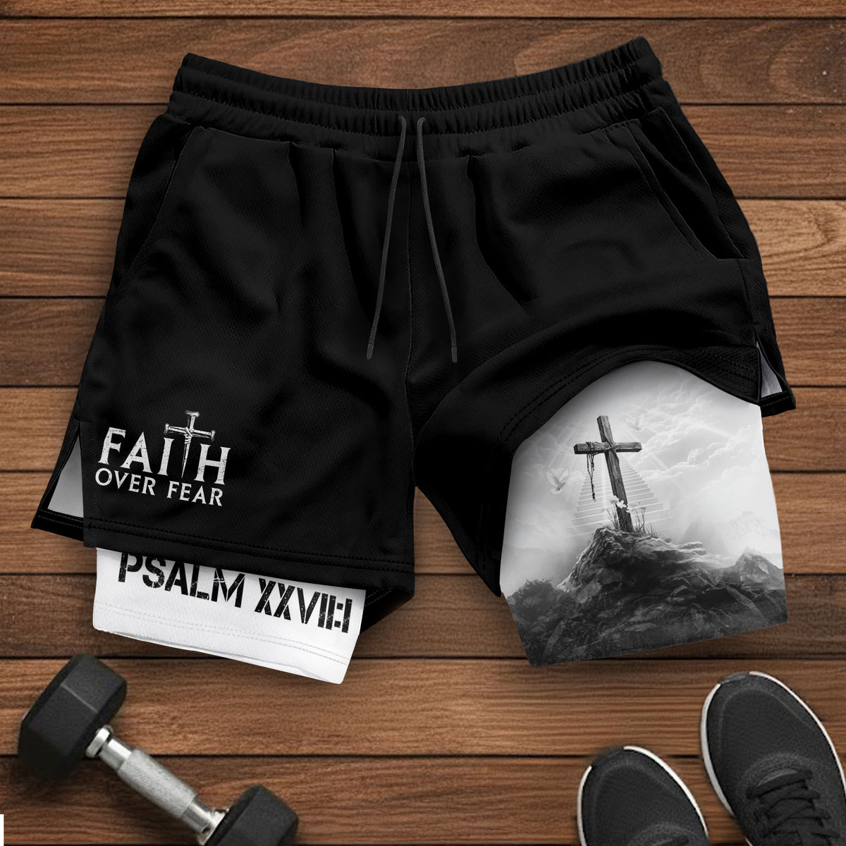 Faith Over Fear Christian Gym Shorts for Men Psalms 27:1 - Rust Field Wear