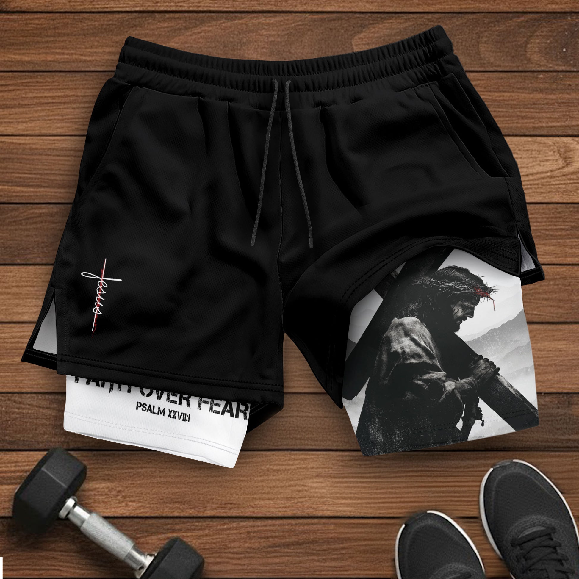 Faith Over Fear Christian Gym Shorts for Men Jesus Cross Design - Rust Field Wear