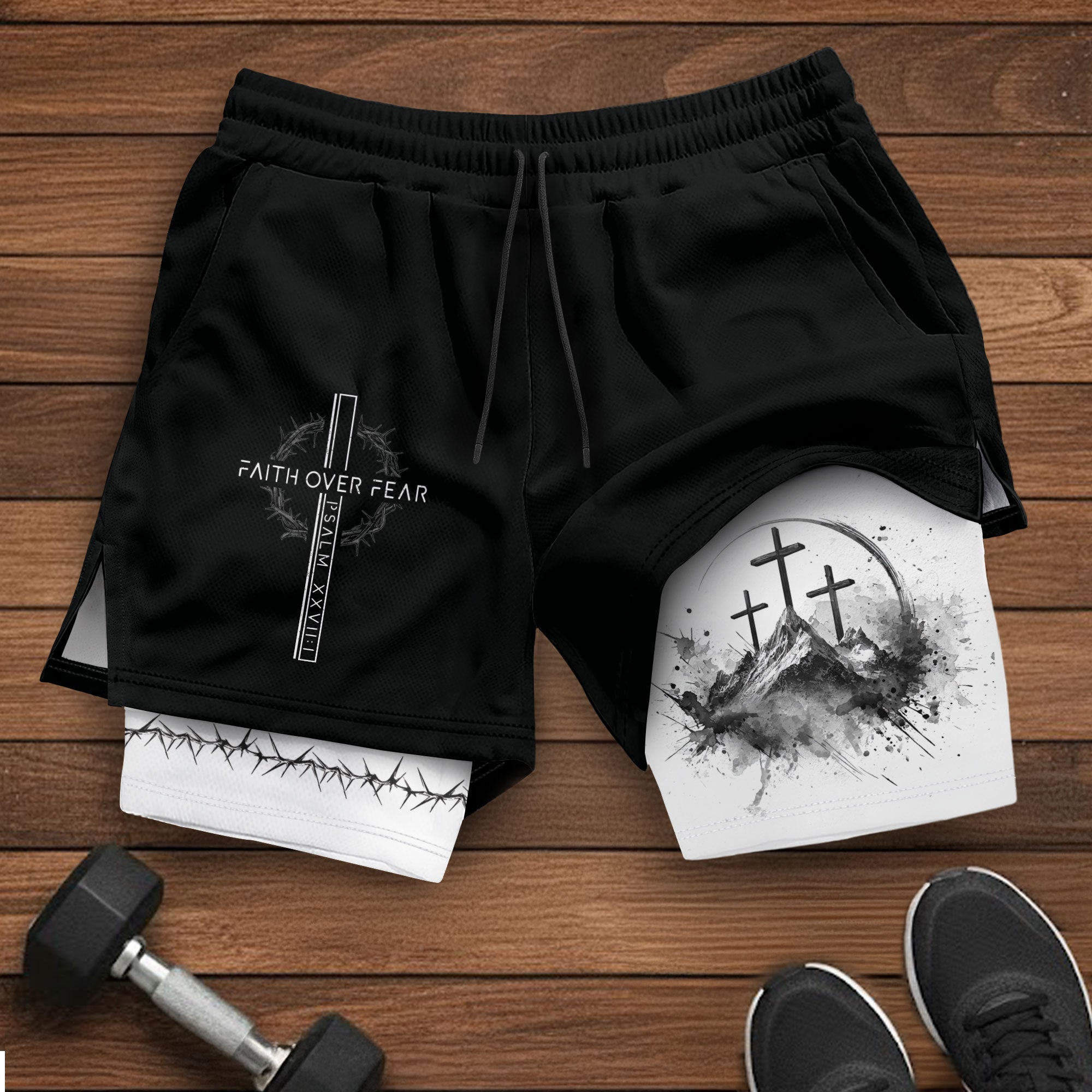 Faith Over Fear Christian Gym Shorts for Men Psalms 27:1 Cross Design - Rust Field Wear